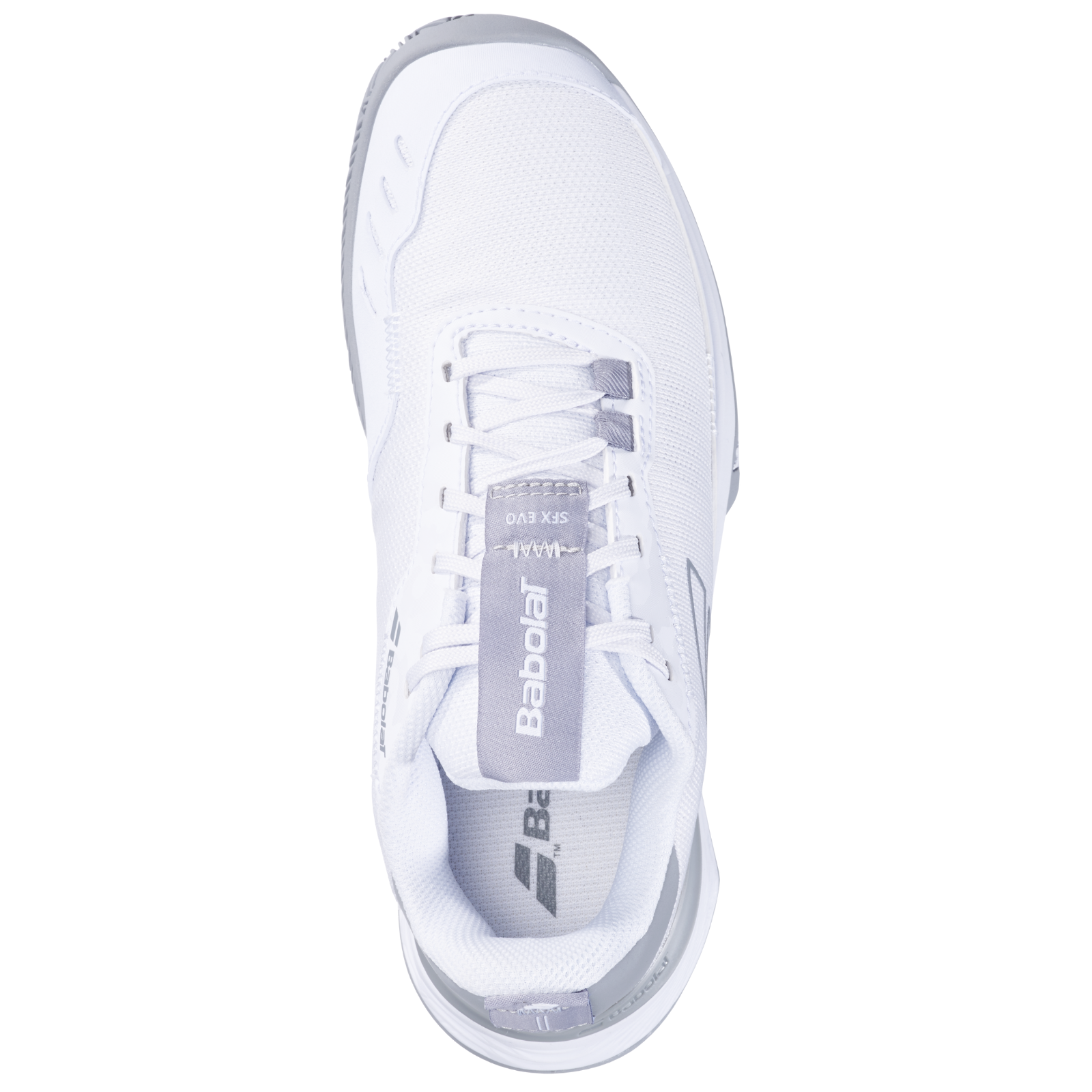 White Babolat SFX Evo women's clay court tennis shoe with grey accents and mesh upper.