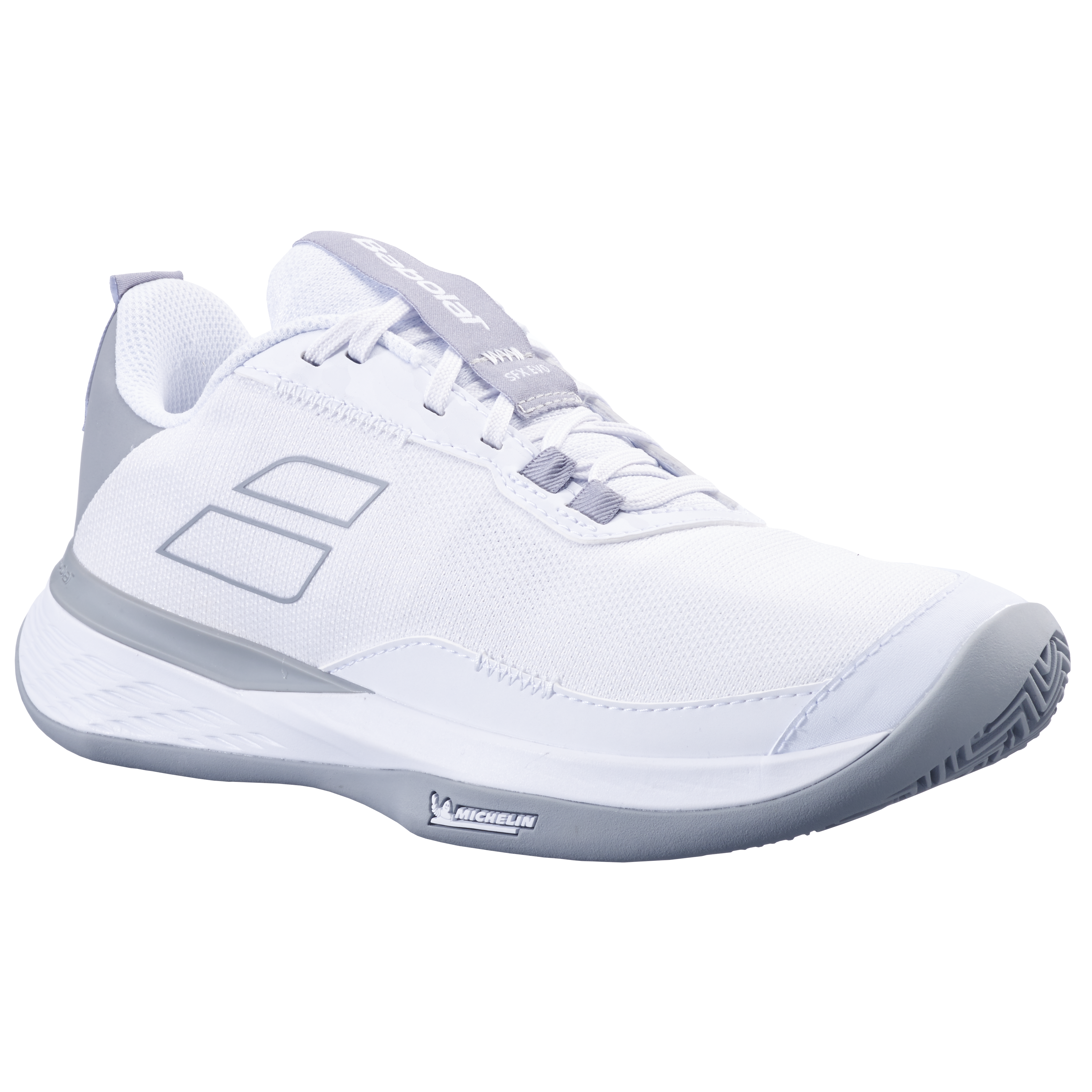White Babolat SFX Evo women's clay court tennis shoe with grey accents, mesh upper, and Michelin sole.