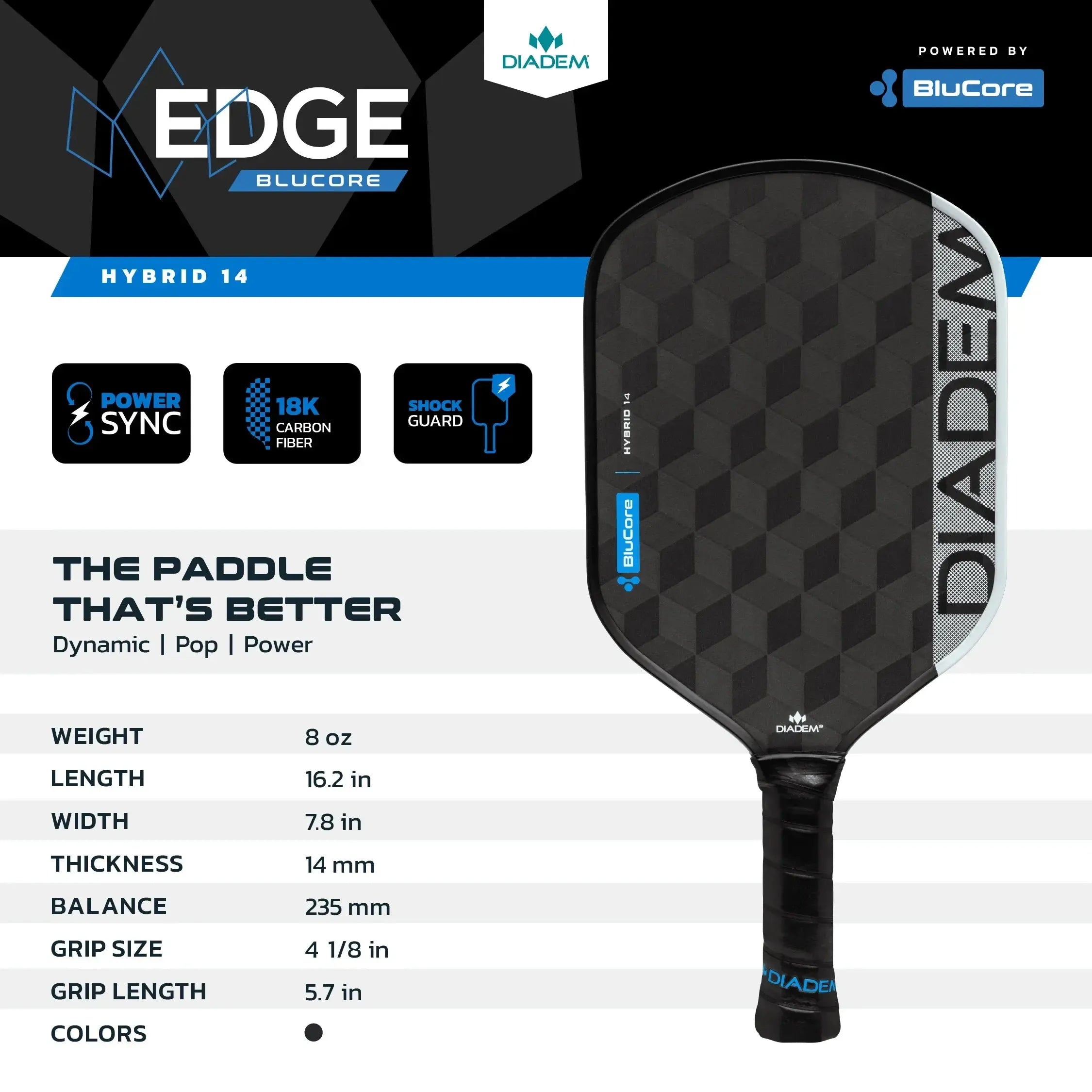 Diadem Pickleball Paddle Edge Blucore 14mm Hybrid Shape - Black