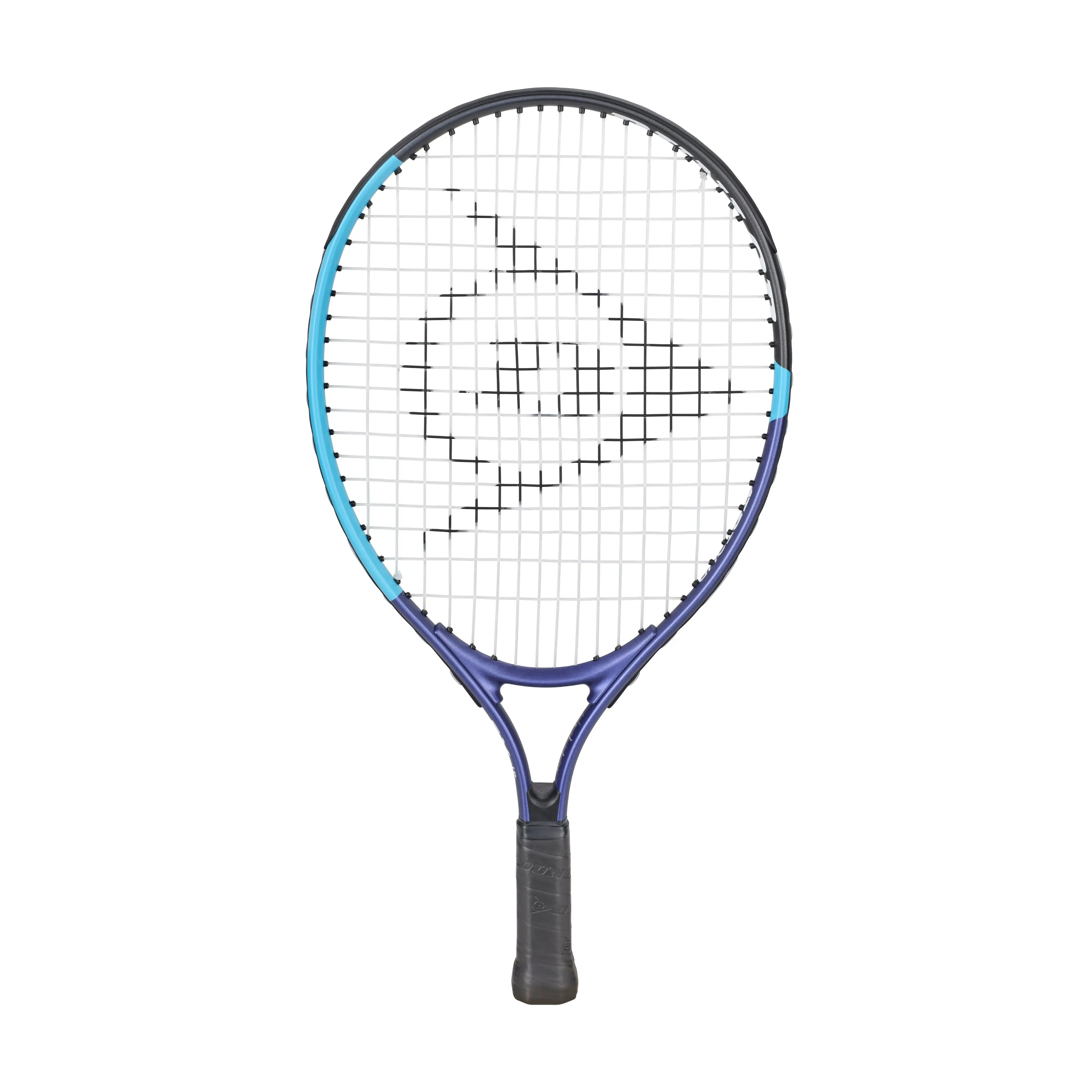 Dunlop Junior FX 19 tennis racquet, blue and black, with white strings and logo.