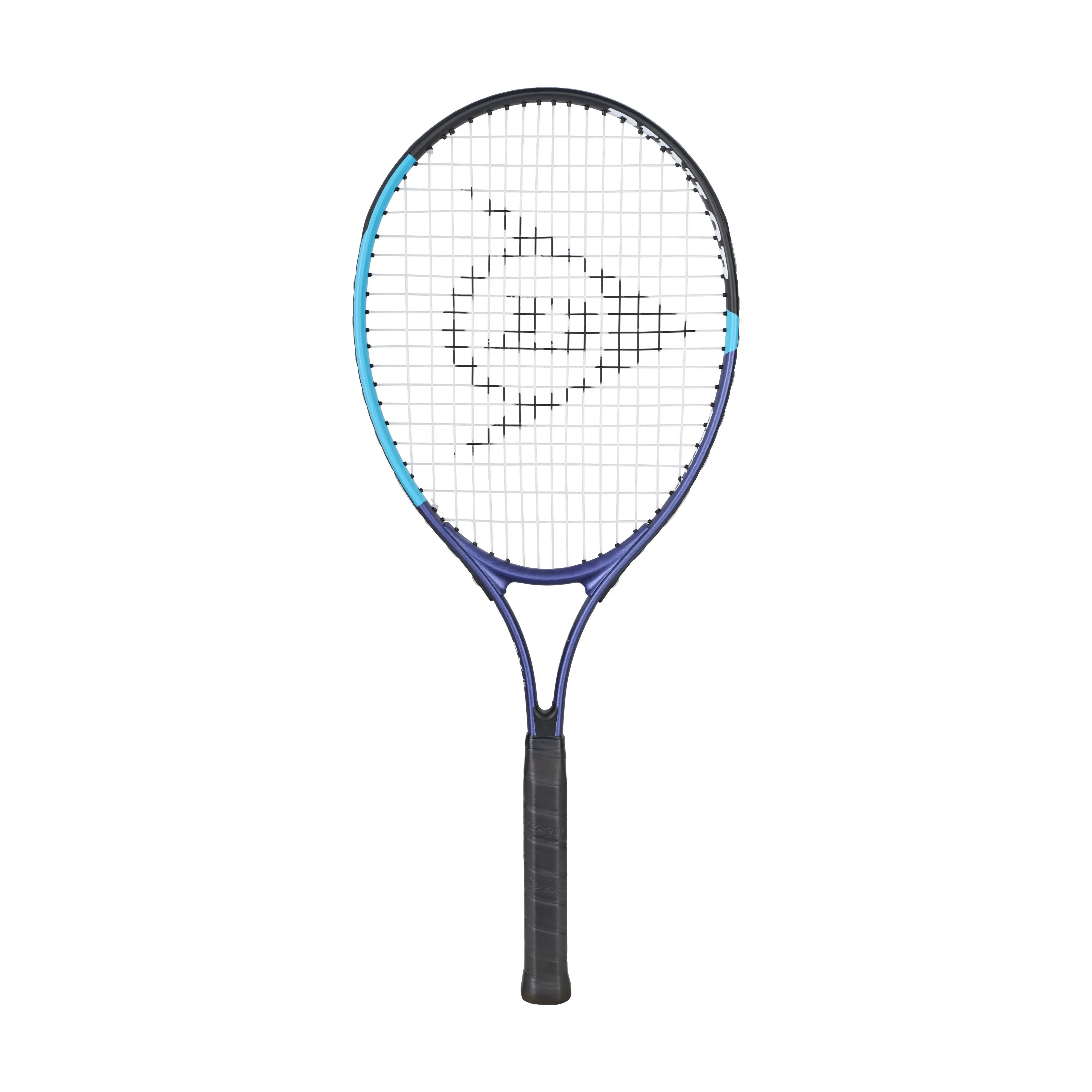 Dunlop FX Jnr 26 junior tennis racquet in blue, black, and purple with white strings.