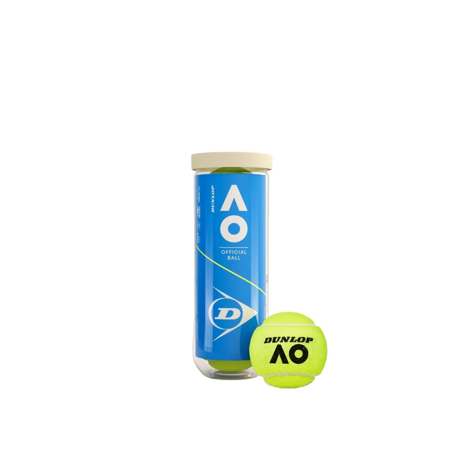 Dunlop Australian Open 3-ball pack with a blue and white canister, plus one bright yellow tennis ball.