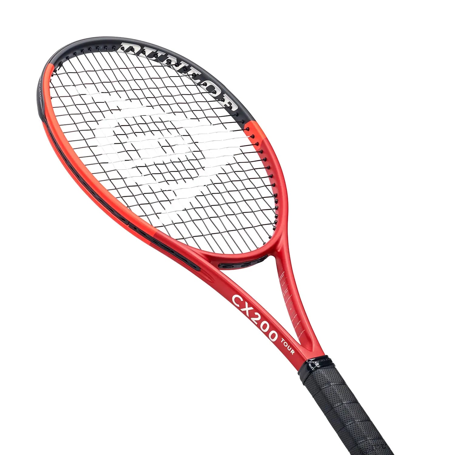 Dunlop CX200 Tour tennis racquet, unstrung, in vibrant red with black accents and grip.