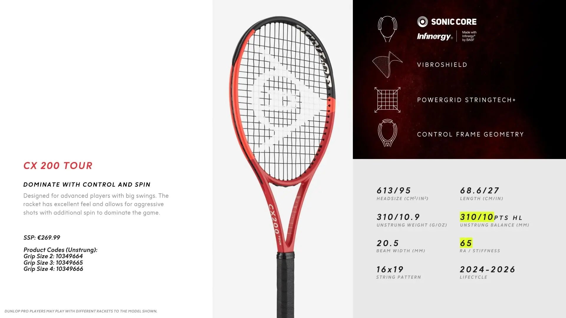 Red and black Dunlop CX200 Tour tennis racquet with a compact head and black grip.