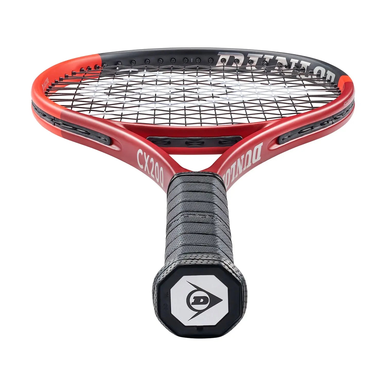 Red Dunlop CX200 tennis racquet with black grip, unstrung, showing the head and handle.