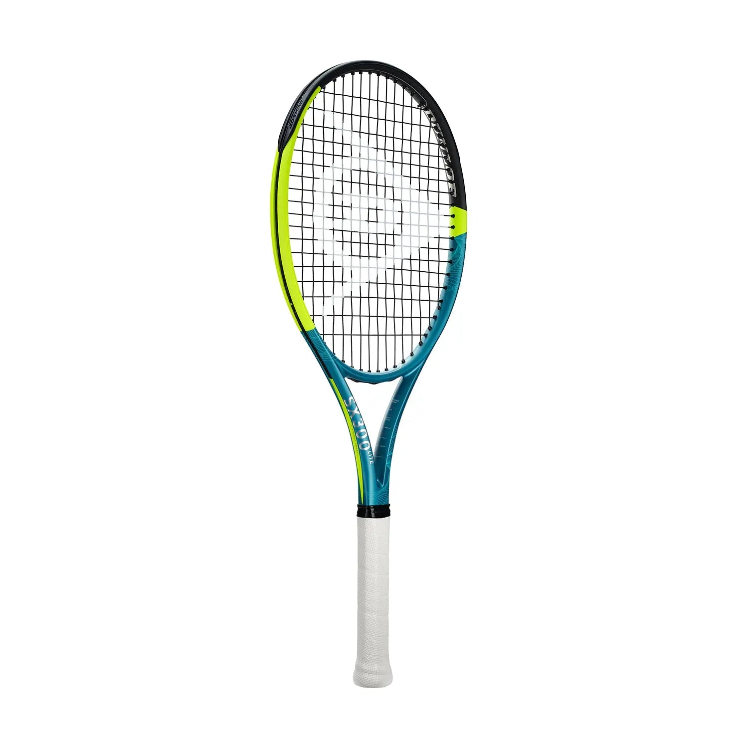 Dunlop SX300 Lite tennis racquet, blue and neon yellow, with a white grip.