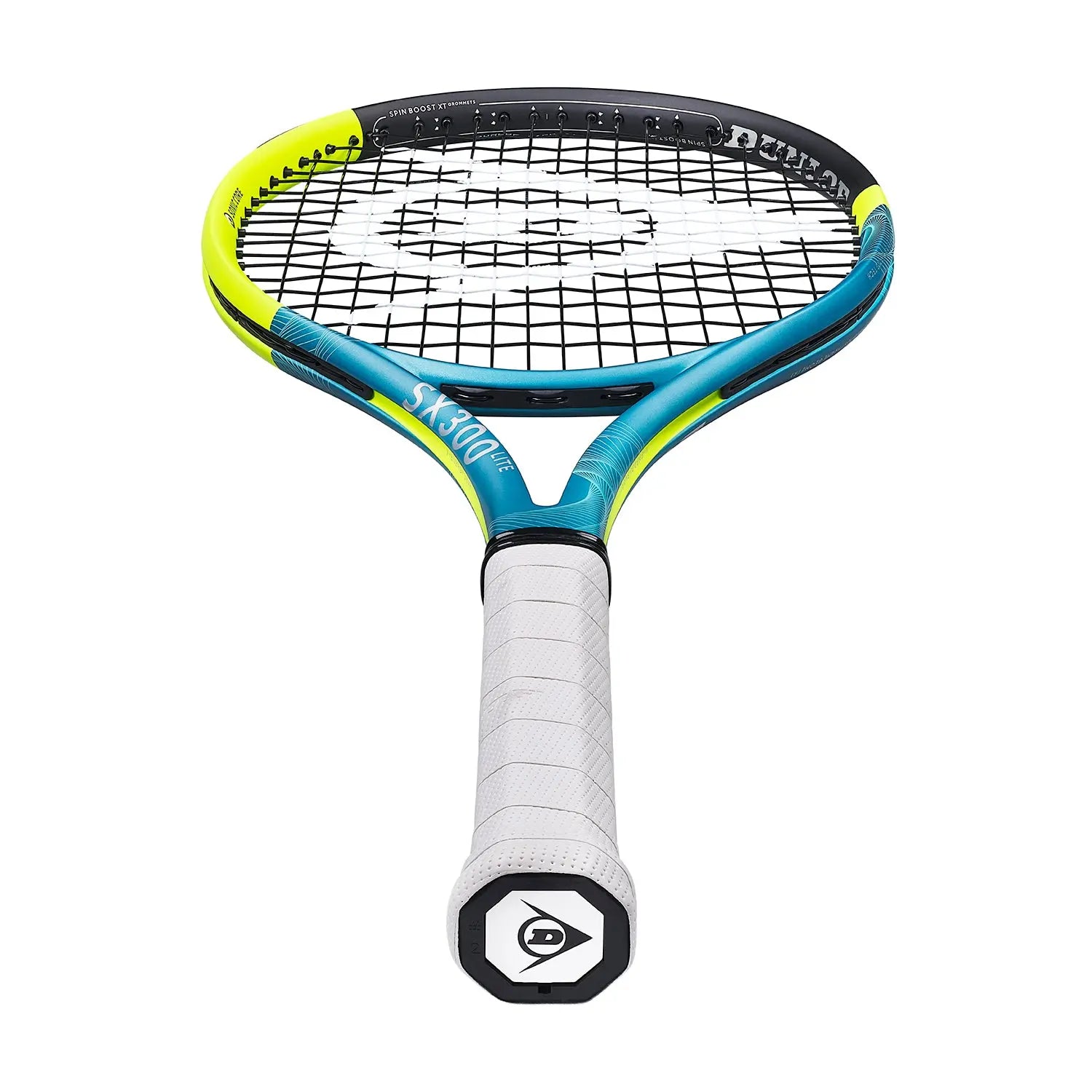 Dunlop SX300 Lite tennis racquet, blue, yellow, and black frame with white grip, angled view.