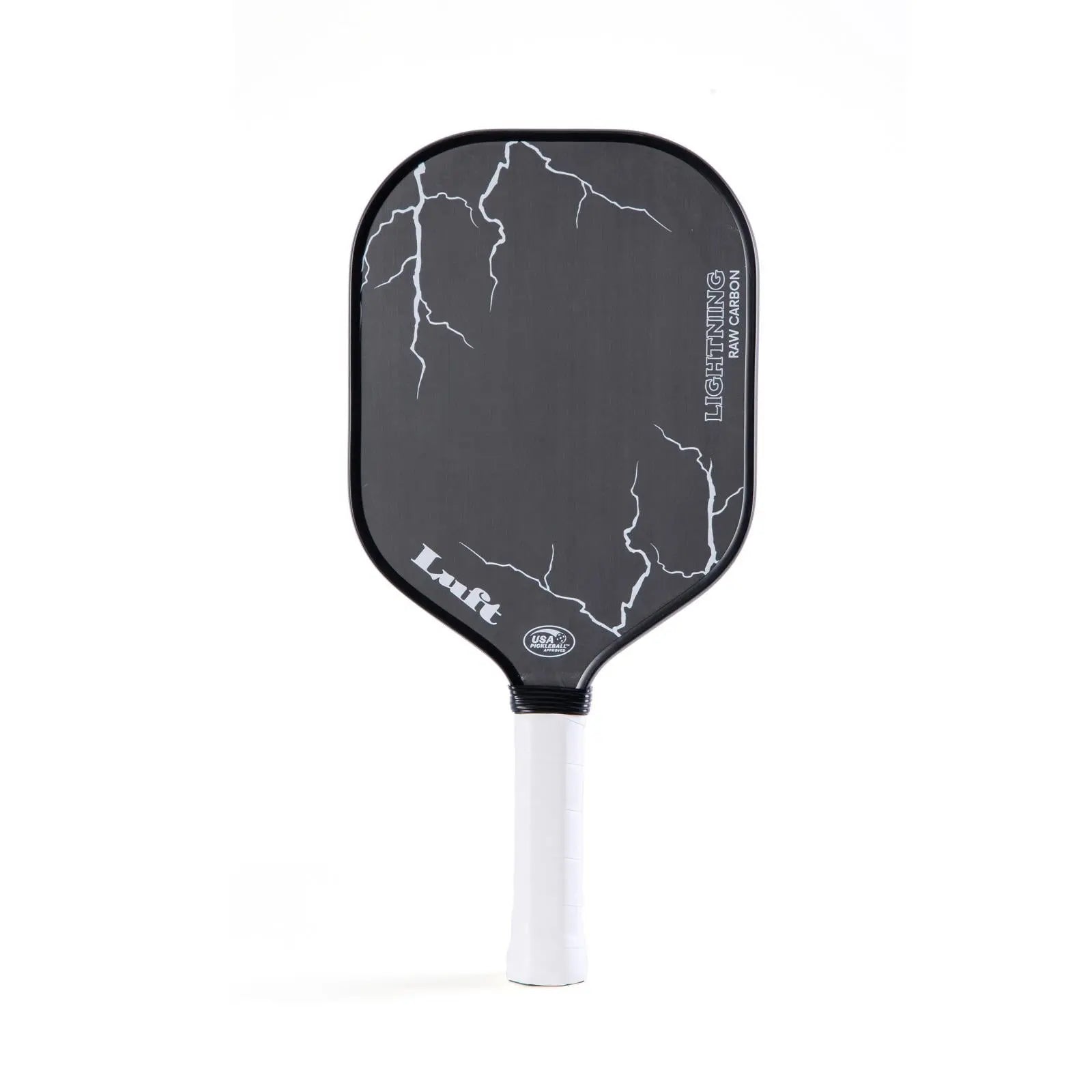 Luft Lightning pickleball paddle, black raw carbon face with white lightning design, white grip.