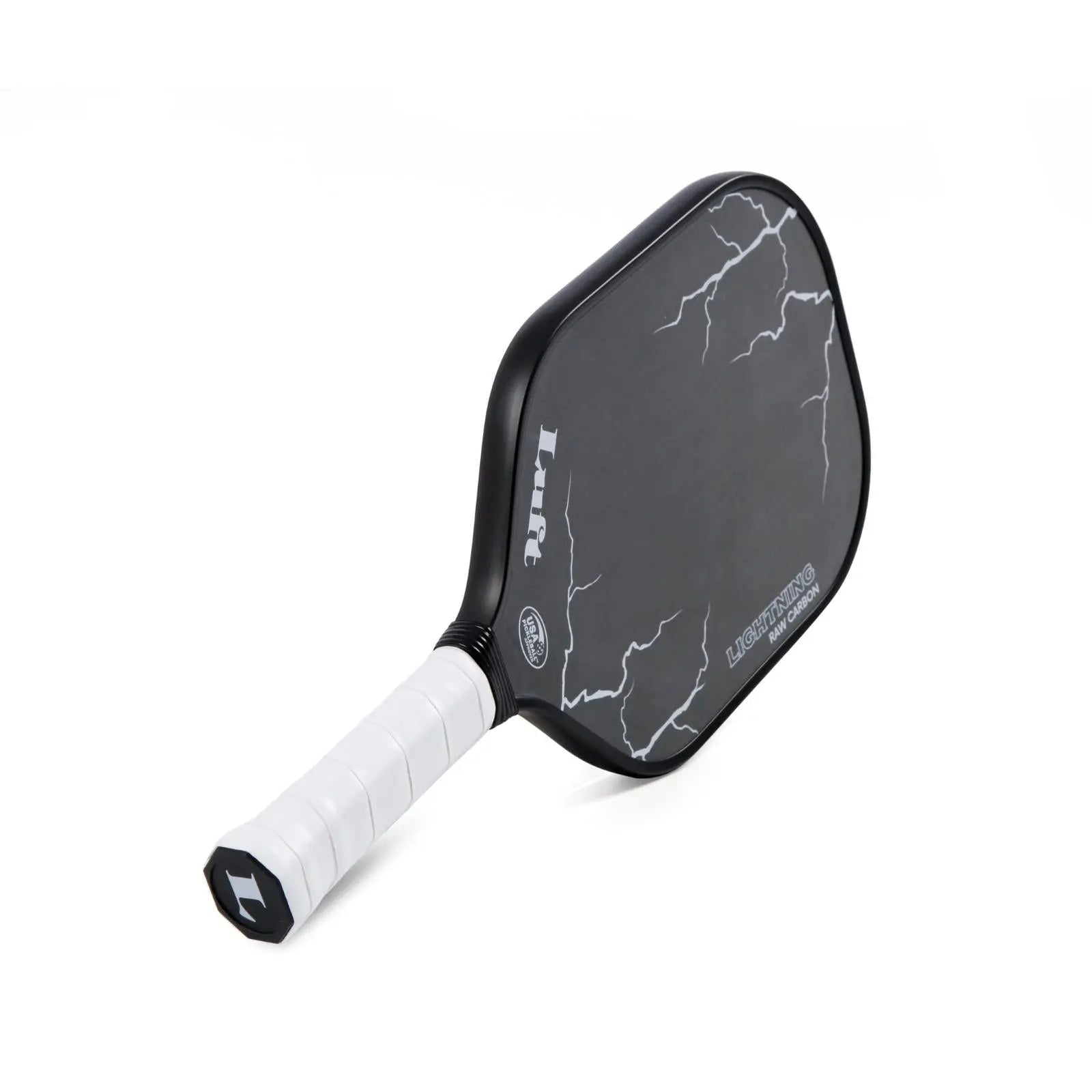 Luft Lightning 225g pickleball paddle, black with white lightning design and white grip.