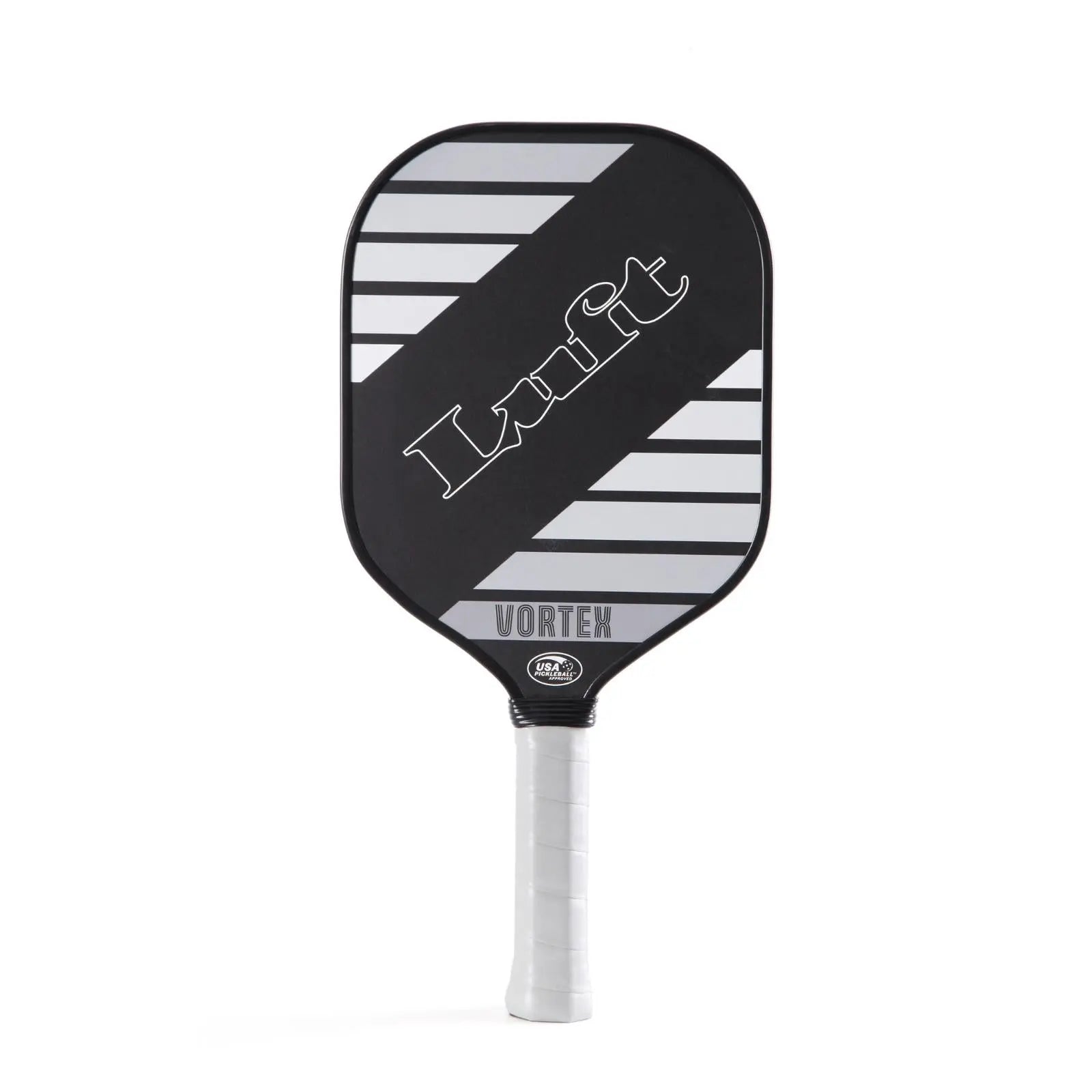 Black Luft Pickleball Paddle Vortex with white stripes, "Luft" logo, and white grip.