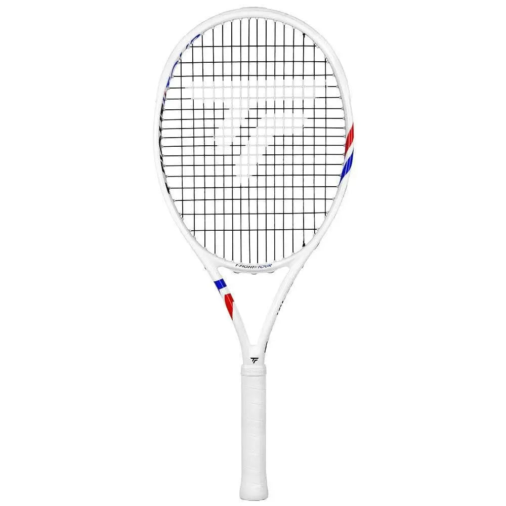 White Tecnifibre Junior TFight 26 tennis racquet with blue and red accents, 250g.