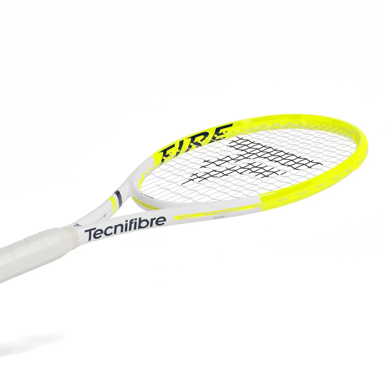 White and neon yellow Tecnifibre Fire 260 OS tennis racquet with a white grip and black strings.