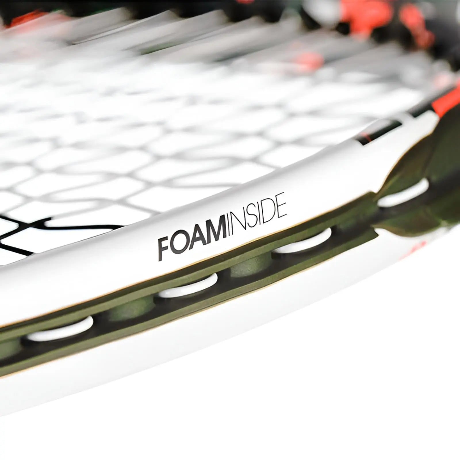 Close-up of a white Tecnifibre TF40 tennis racquet frame with "FOAMINSIDE" text and black strings.