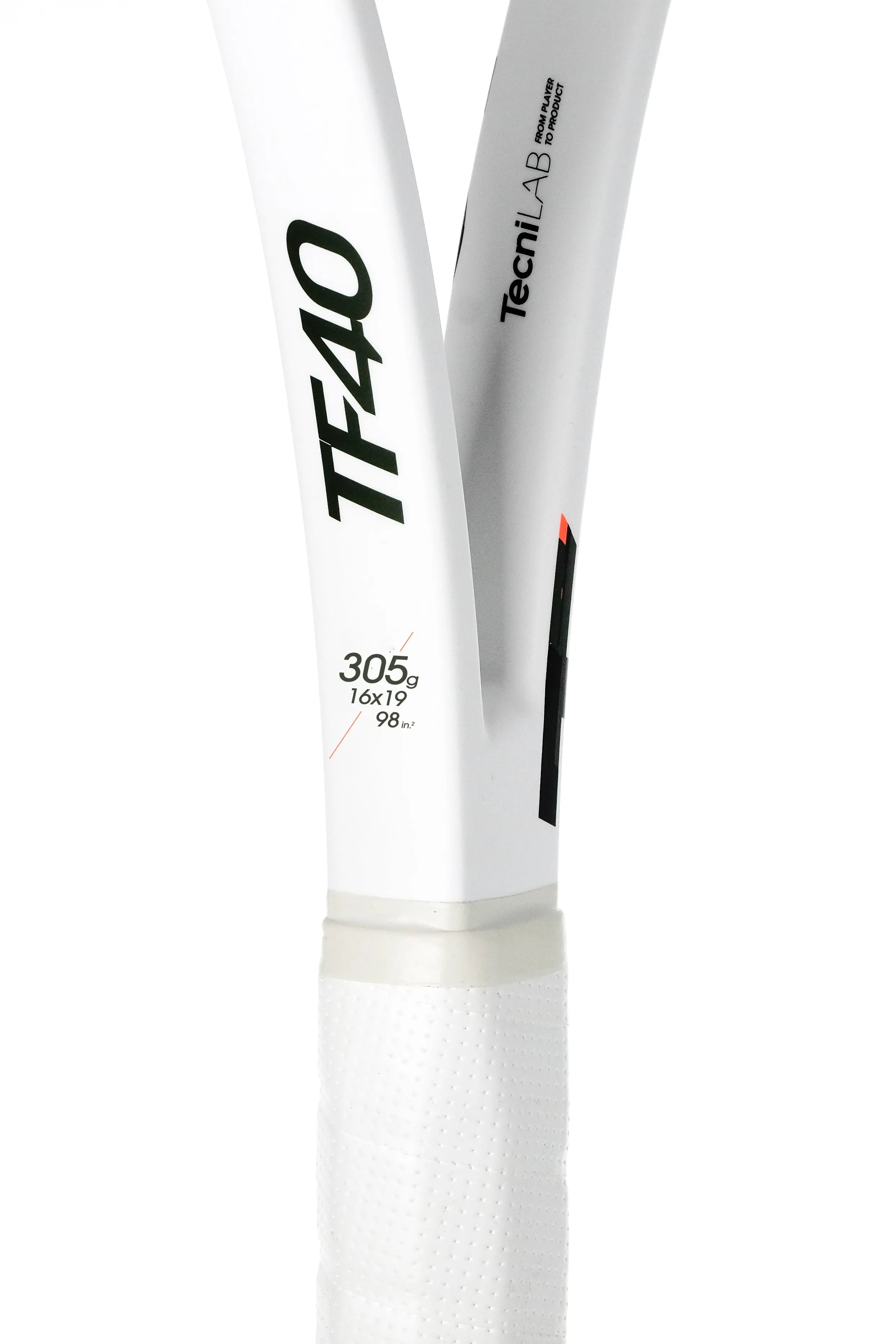 White Tecnifibre TF40 305 tennis racquet handle and throat, showing 305g, 16x19, 98 sq. in. specs.