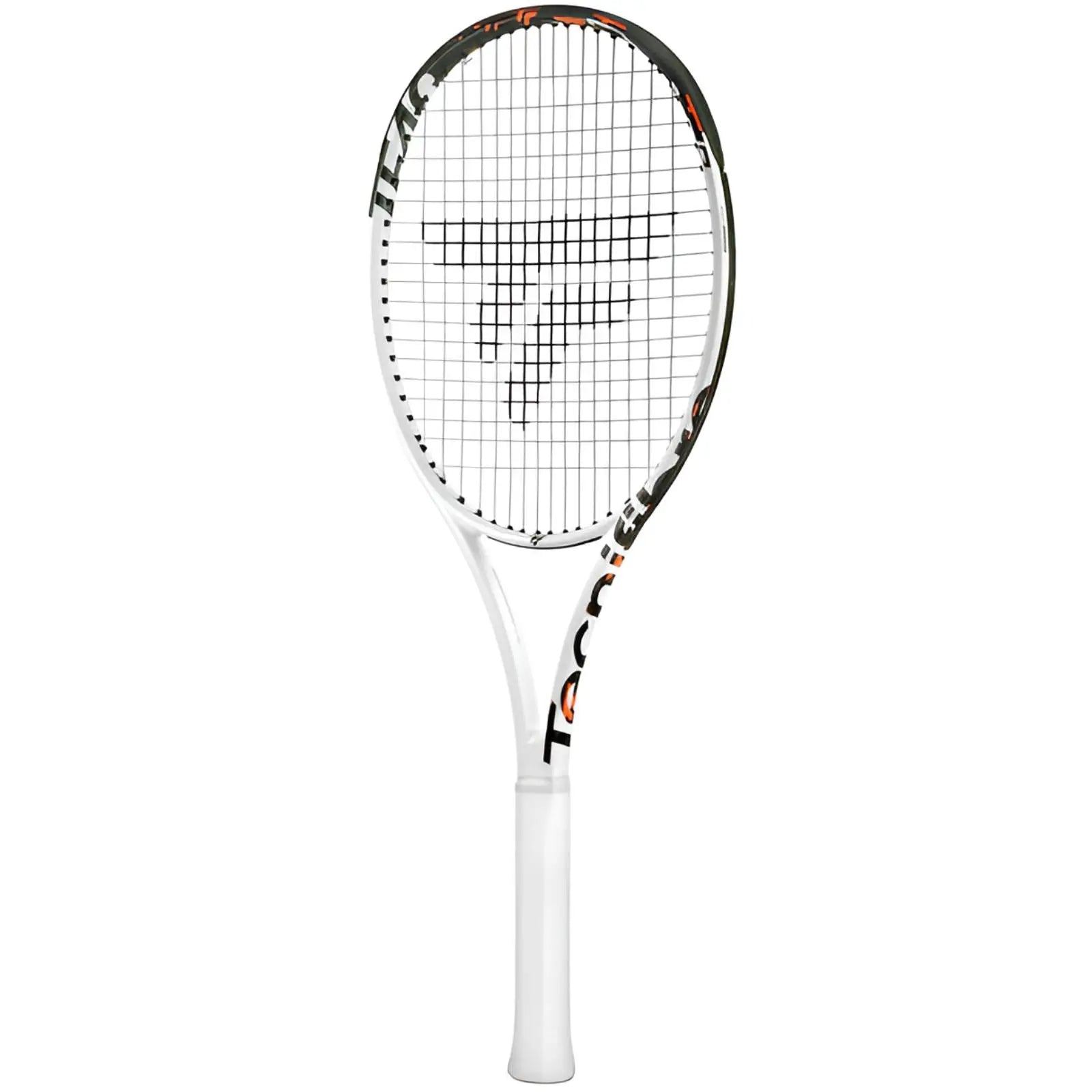 White Tecnifibre TF40 305 tennis racquet with black and orange accents, 16x19 string pattern.