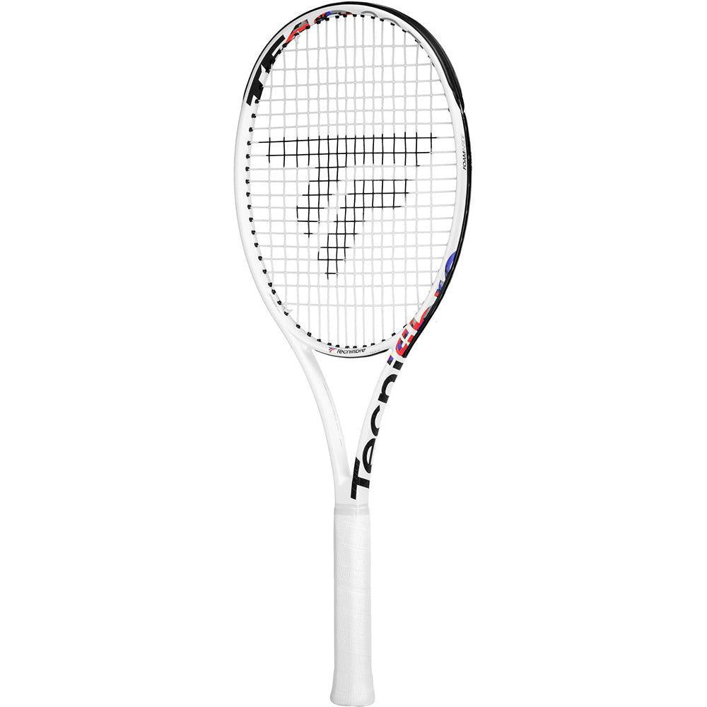 White Tecnifibre TF40 315 tennis racquet with black, red, and blue accents.