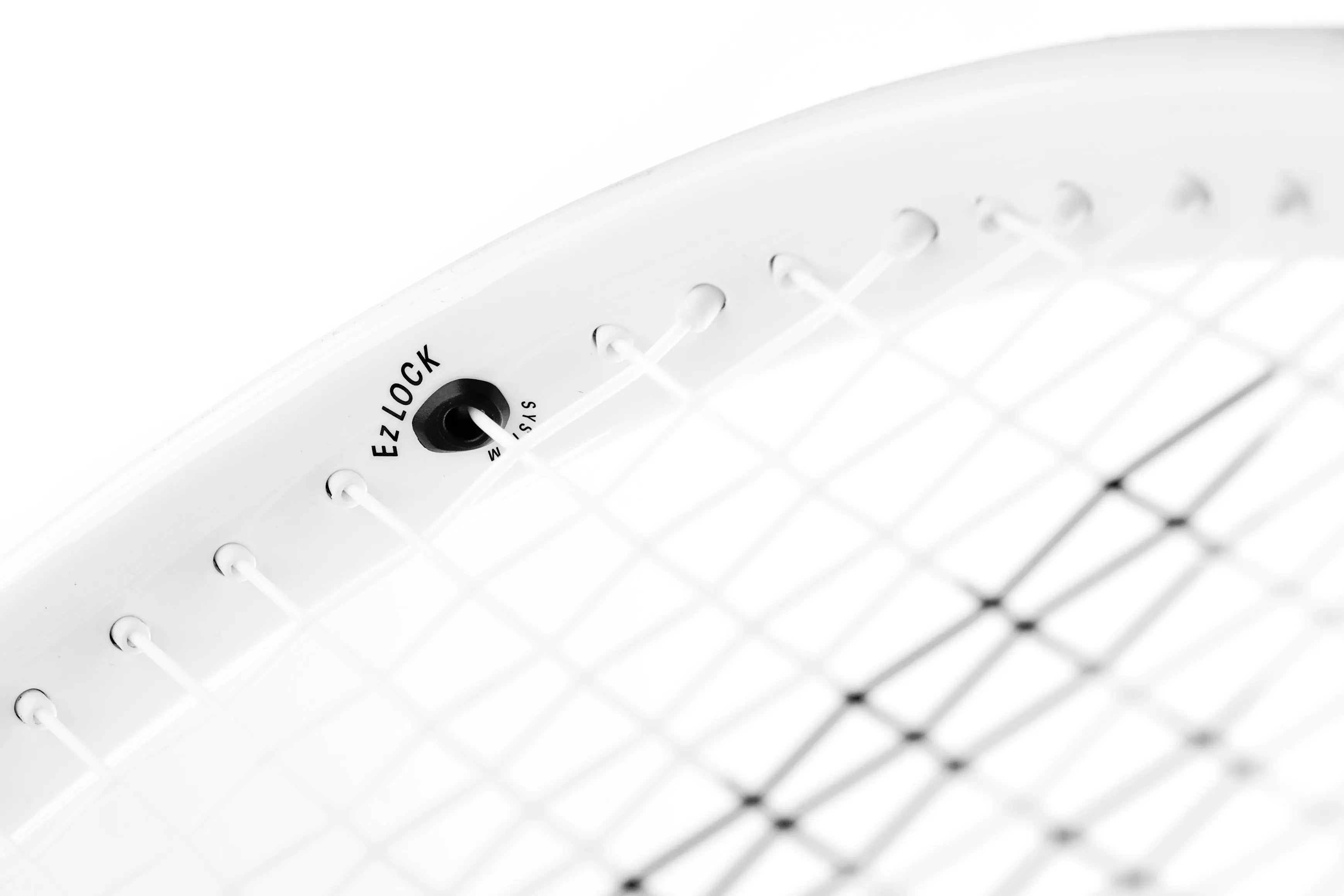 Close-up of a white Tecnifibre TFight Isoflex 270 tennis racquet frame with "EZ LOCK SYSTEM" detail.