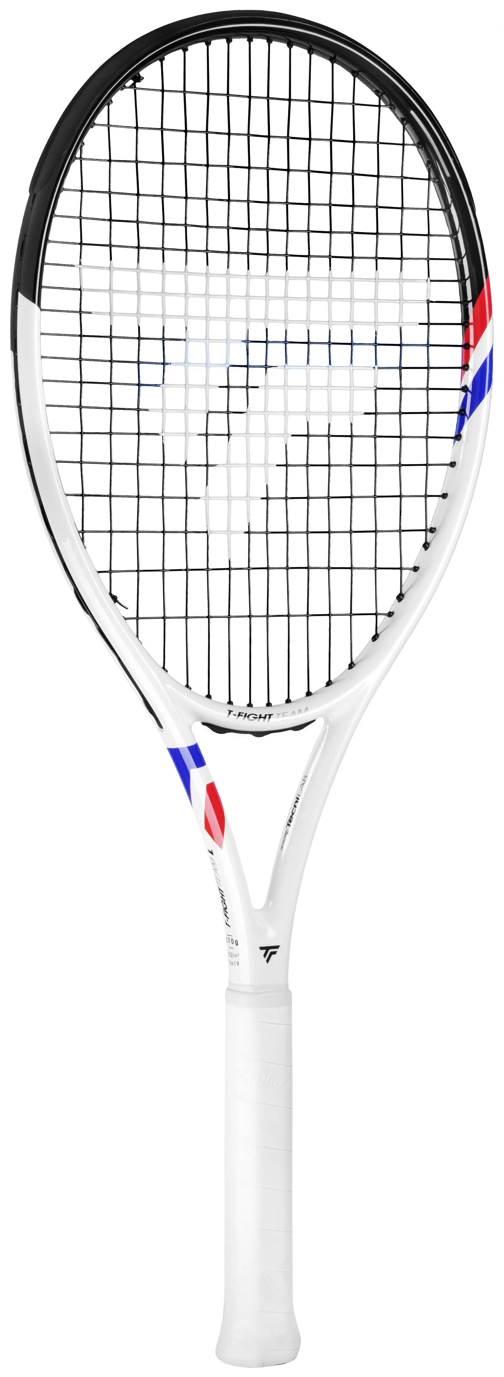 White Tecnifibre TFight Team L (270g) tennis racquet with black strings and red, white, blue accents.