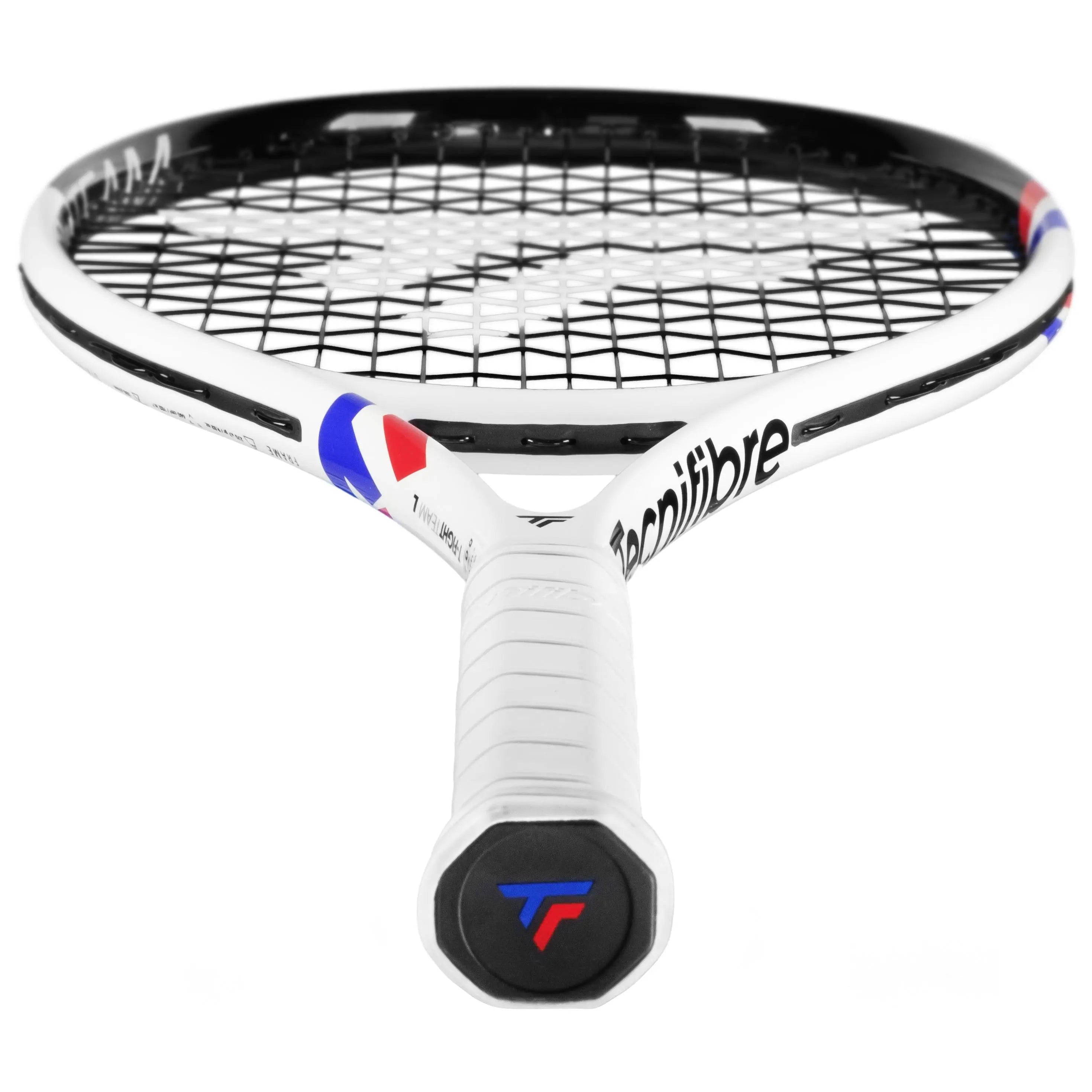 White Tecnifibre TFight Team L (270g) tennis racquet with black strings and red/blue accents.