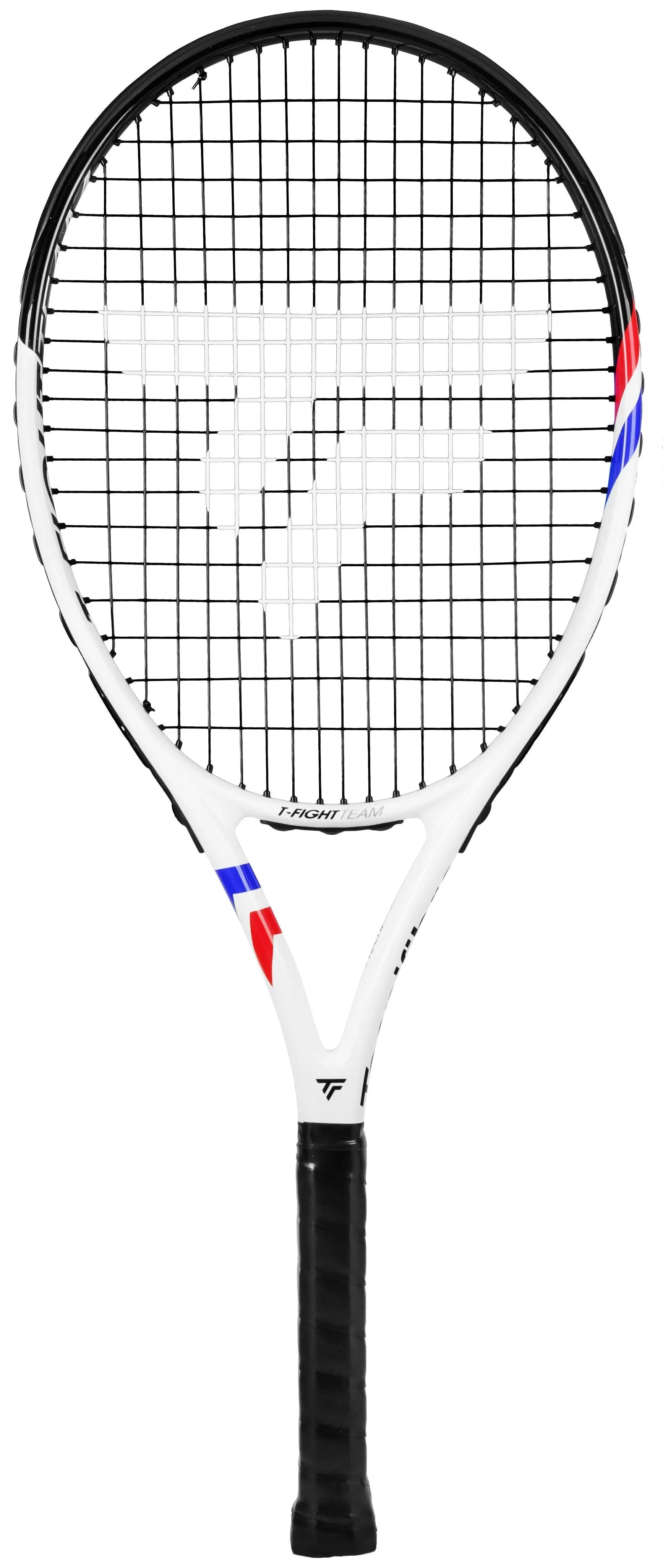 White Tecnifibre TFight Team OS tennis racquet with black grip, red and blue accents.
