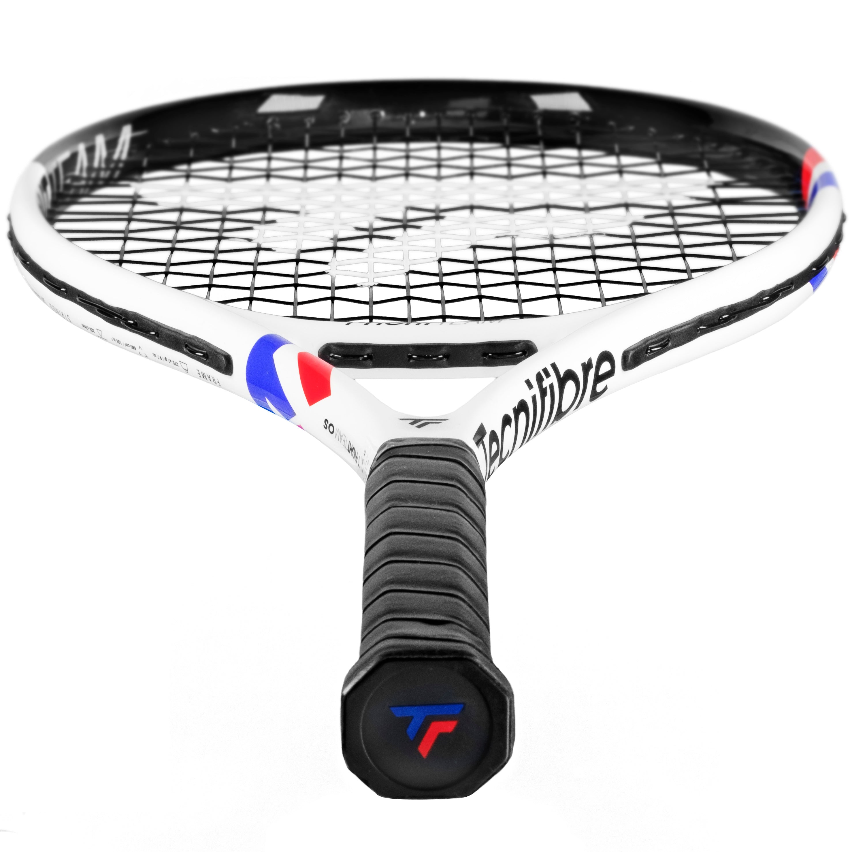 White Tecnifibre TFight Team OS tennis racquet with black grip, red and blue accents.