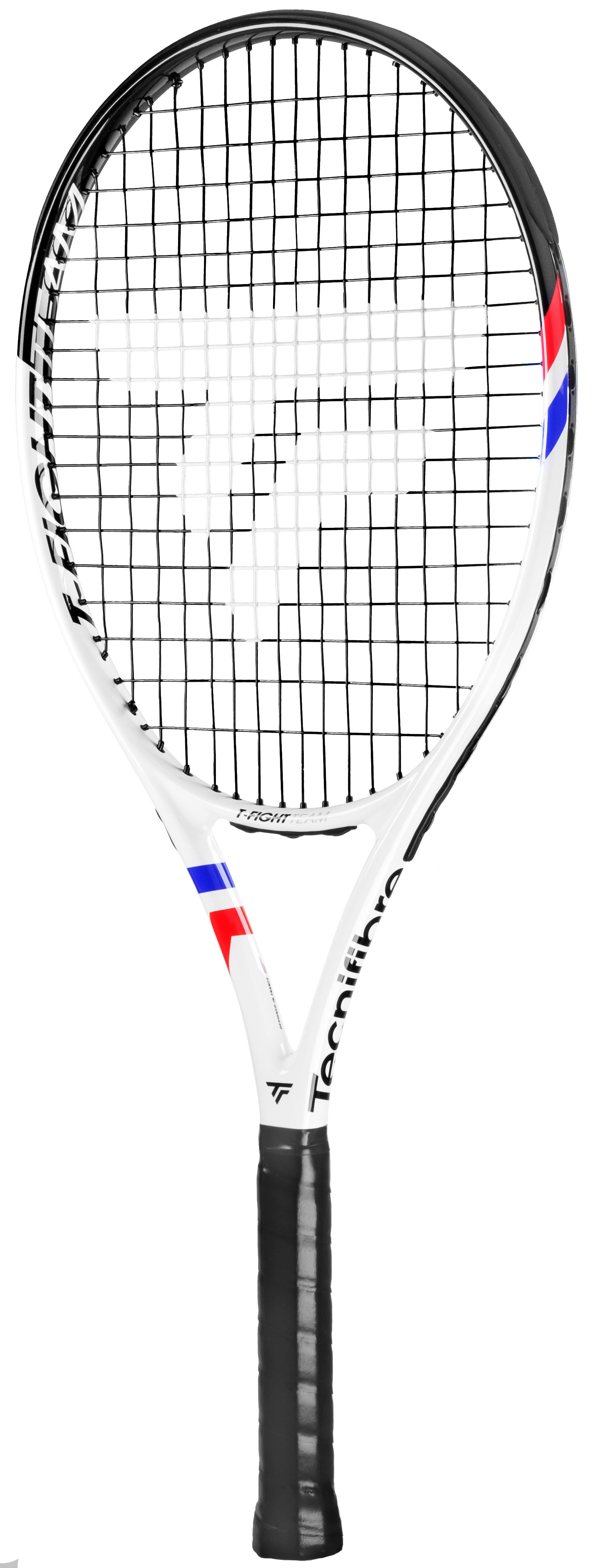 White Tecnifibre TFight Team OS tennis racquet with black strings, grip, and red/blue accents.