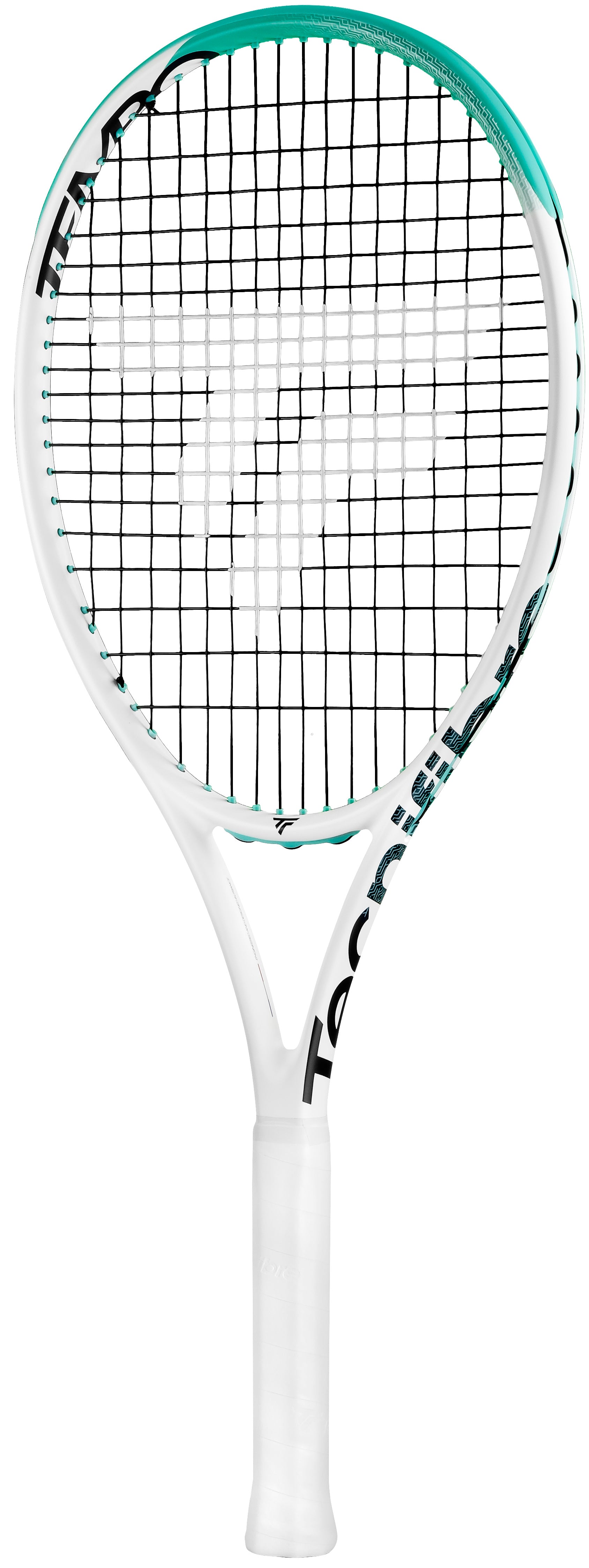 White Tecnifibre Tempo 265 tennis racquet with teal accents, black strings, and a white grip.