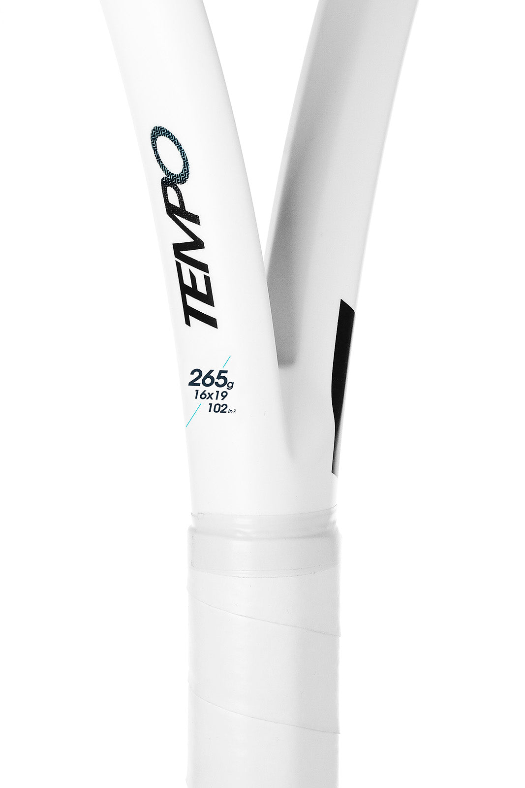 White Tecnifibre Tempo 265 tennis racquet handle and throat, showing "TEMPO" logo and specs.