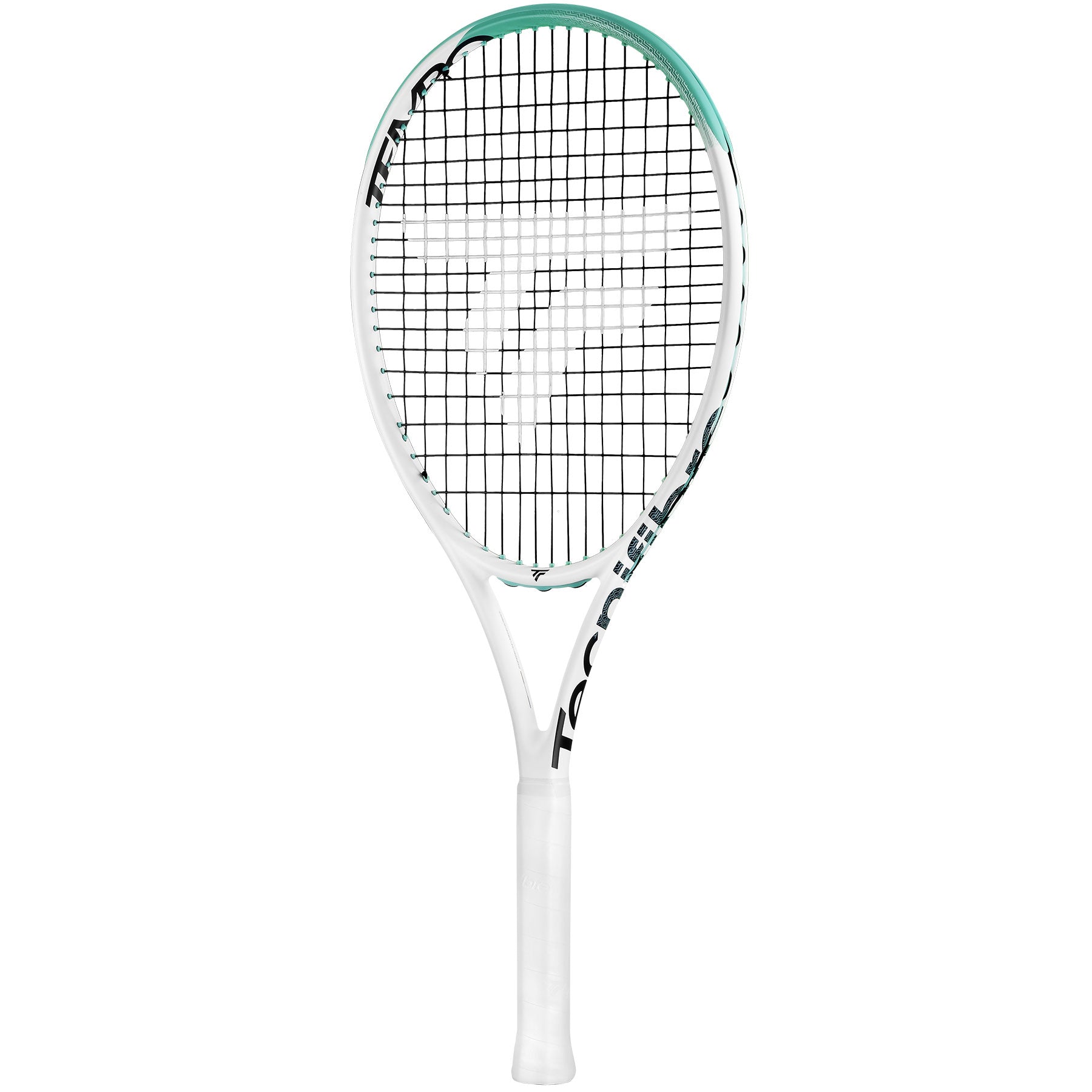 White Tecnifibre Tempo 265 tennis racquet with a mint green and black head, black strings, and white grip.