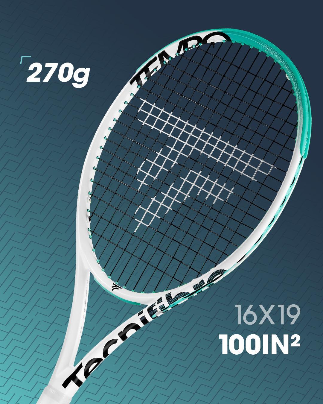 White and teal Tecnifibre Tempo 270 tennis racquet, unstrung, with 16x19 pattern and 100 sq in head.
