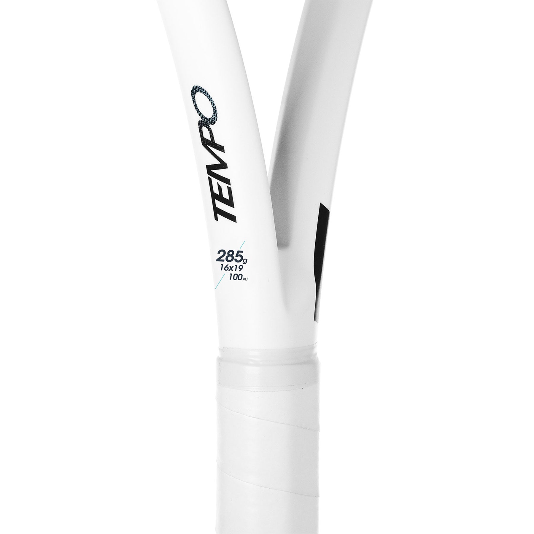White Tecnifibre Tempo 285 tennis racquet handle and throat, showing 285g, 16x19, 100in² specs.