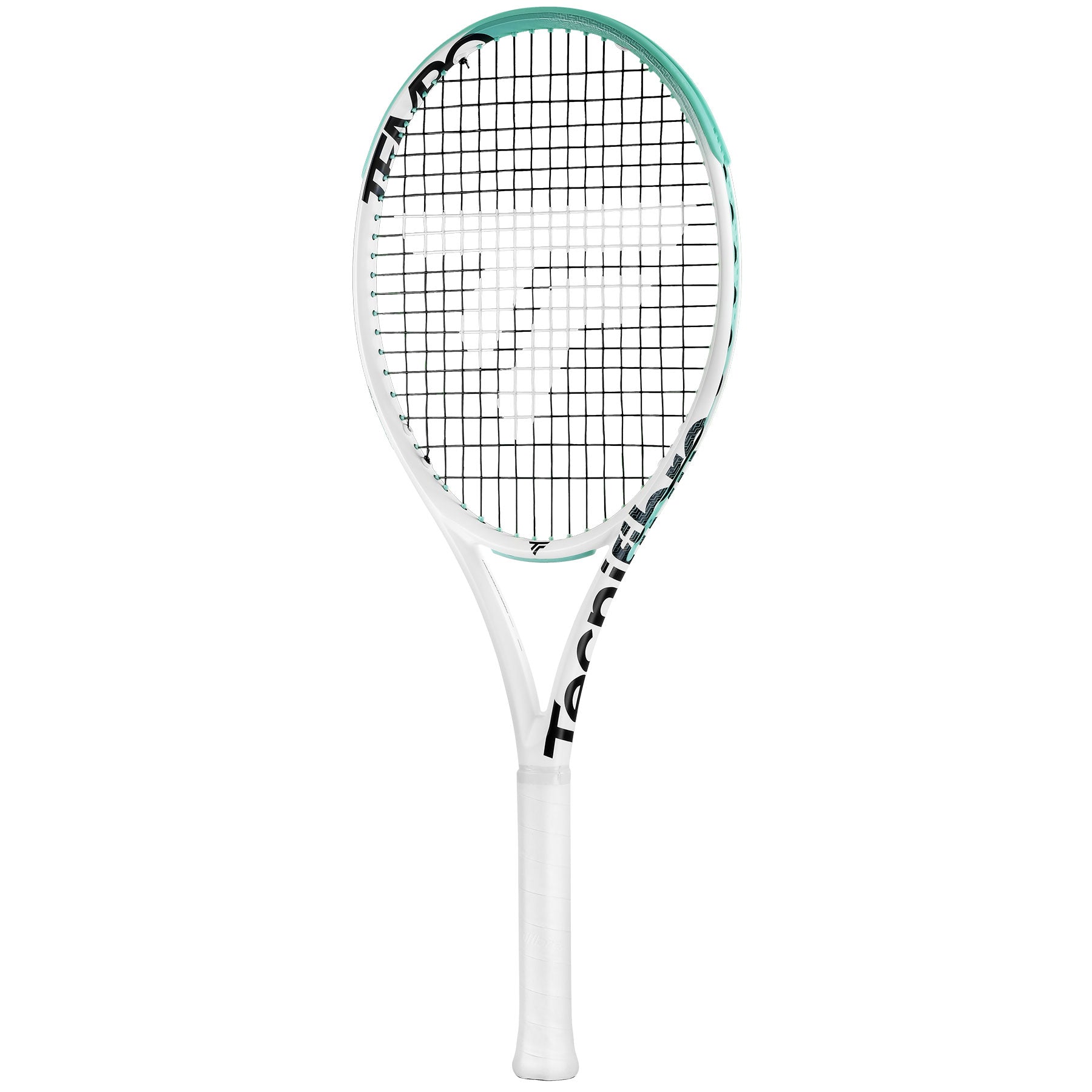 White Tecnifibre Tempo 285 tennis racquet with teal accents and black strings.
