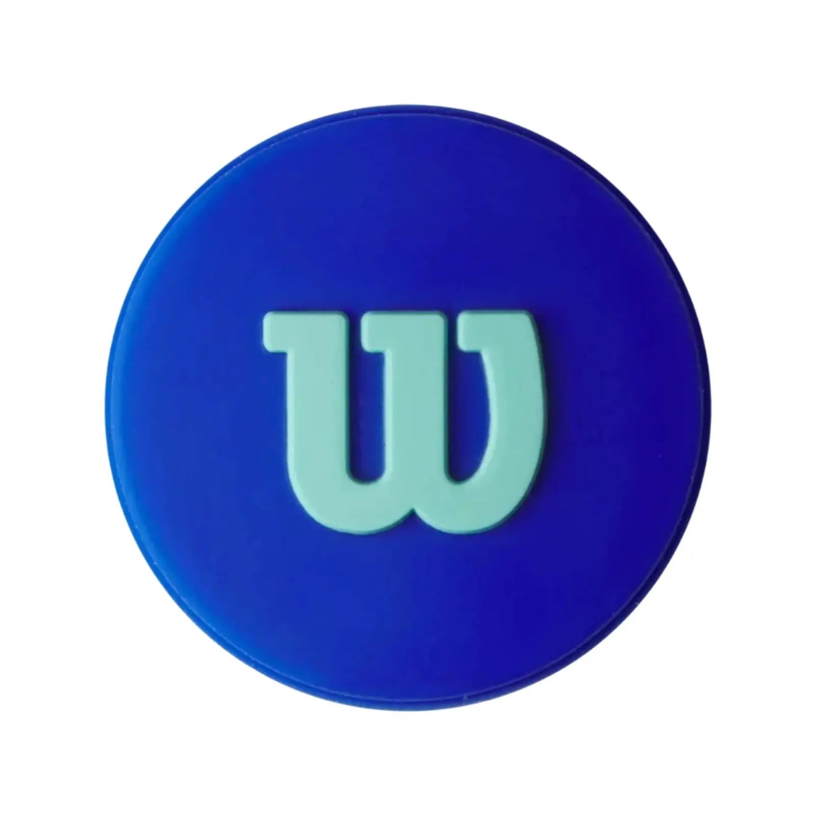 Round blue Wilson Ultra v5 tennis dampener with a light green "W" logo.
