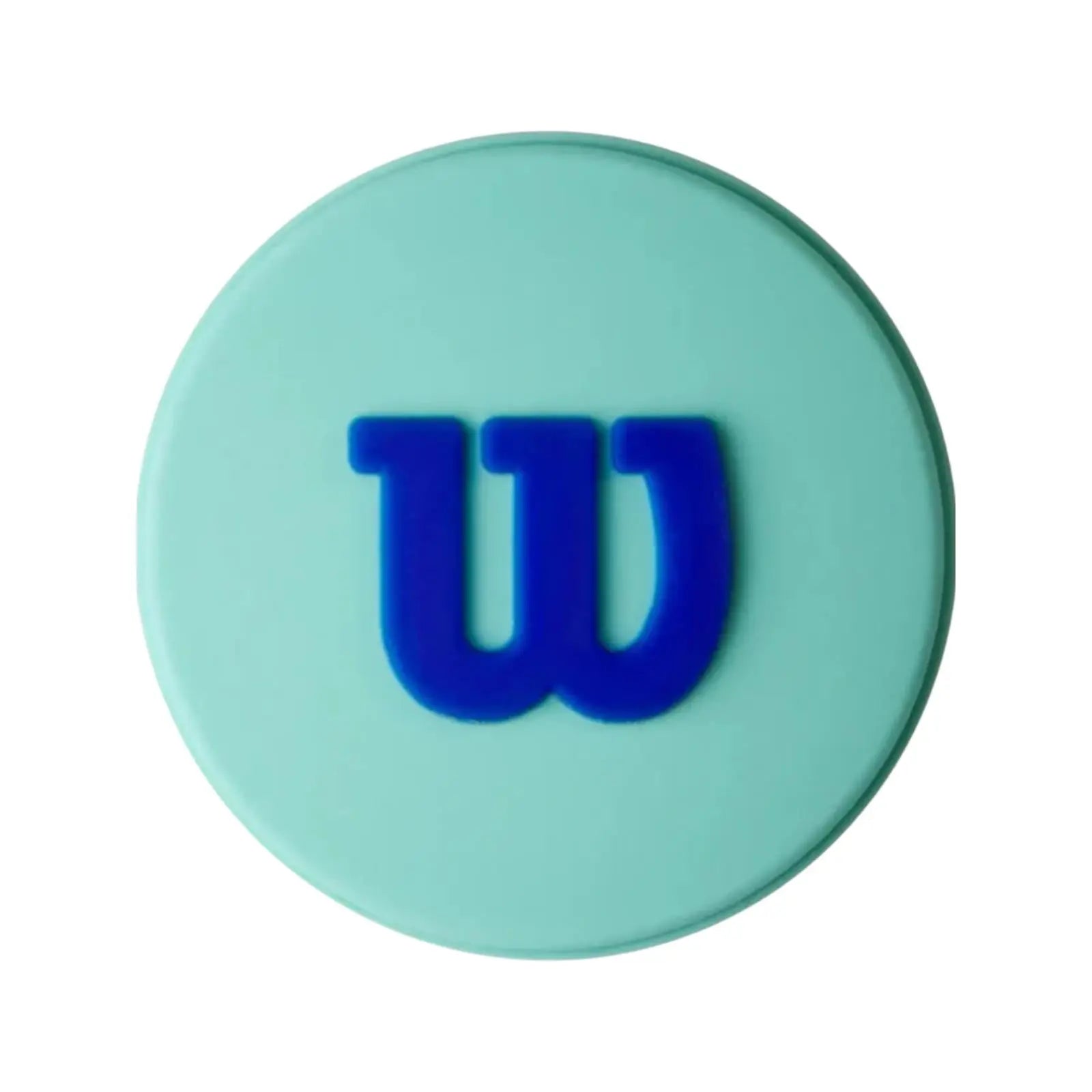 Round, light blue Wilson tennis dampener with a raised dark blue "W" logo.