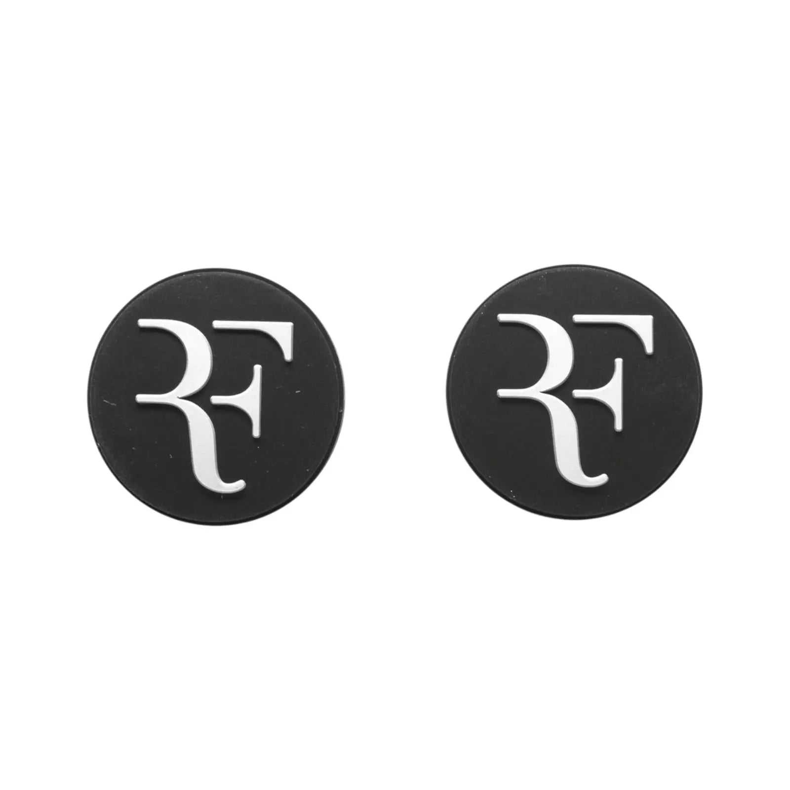 Two round black silicone Wilson RF tennis dampeners with white RF logo.