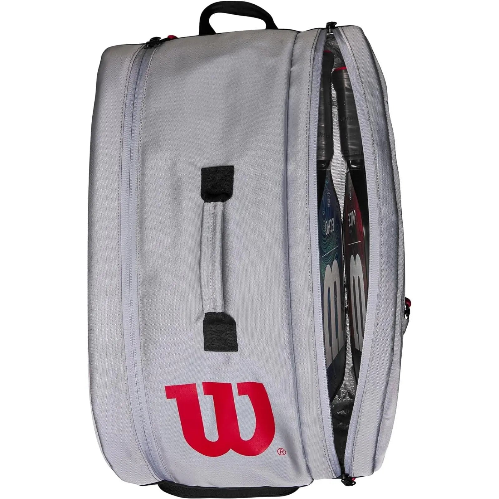 Gray Wilson Super Tour Pickleball Bag with red logo, open compartment showing paddles.