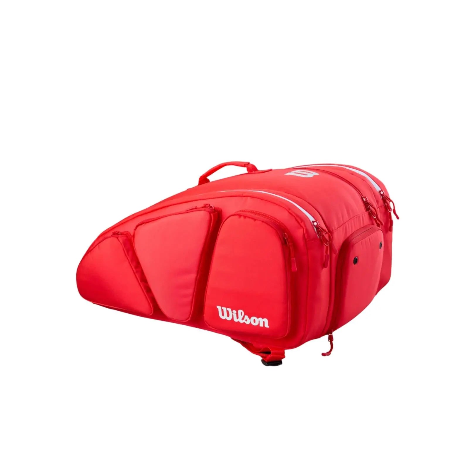 Wilson Super Tour Red Pickleball Bag with multiple zippered compartments and white accents.