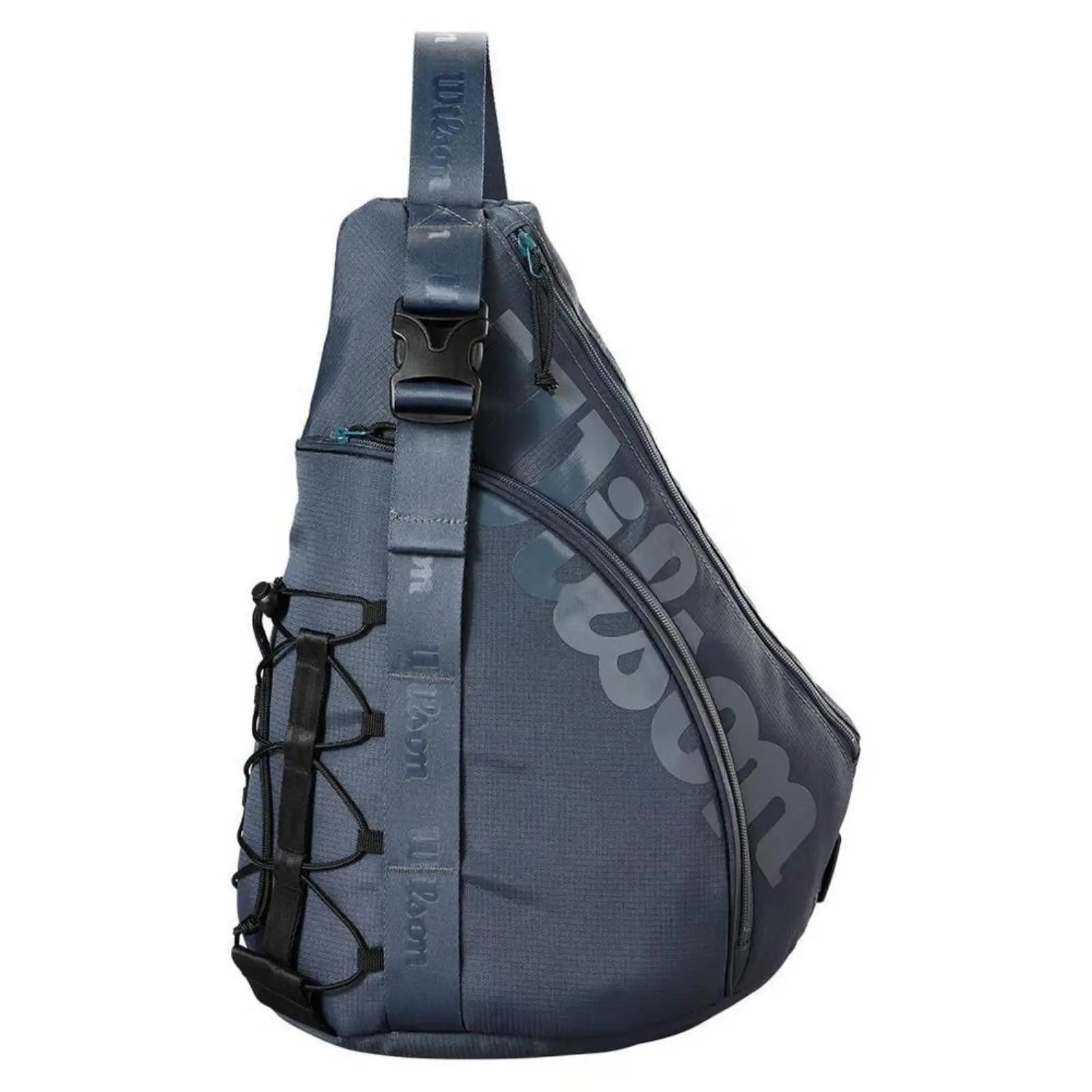 Wilson Triangle Pickleball Sling Bag in dark gray with a large logo, bungee cords, and a top hanging hook.