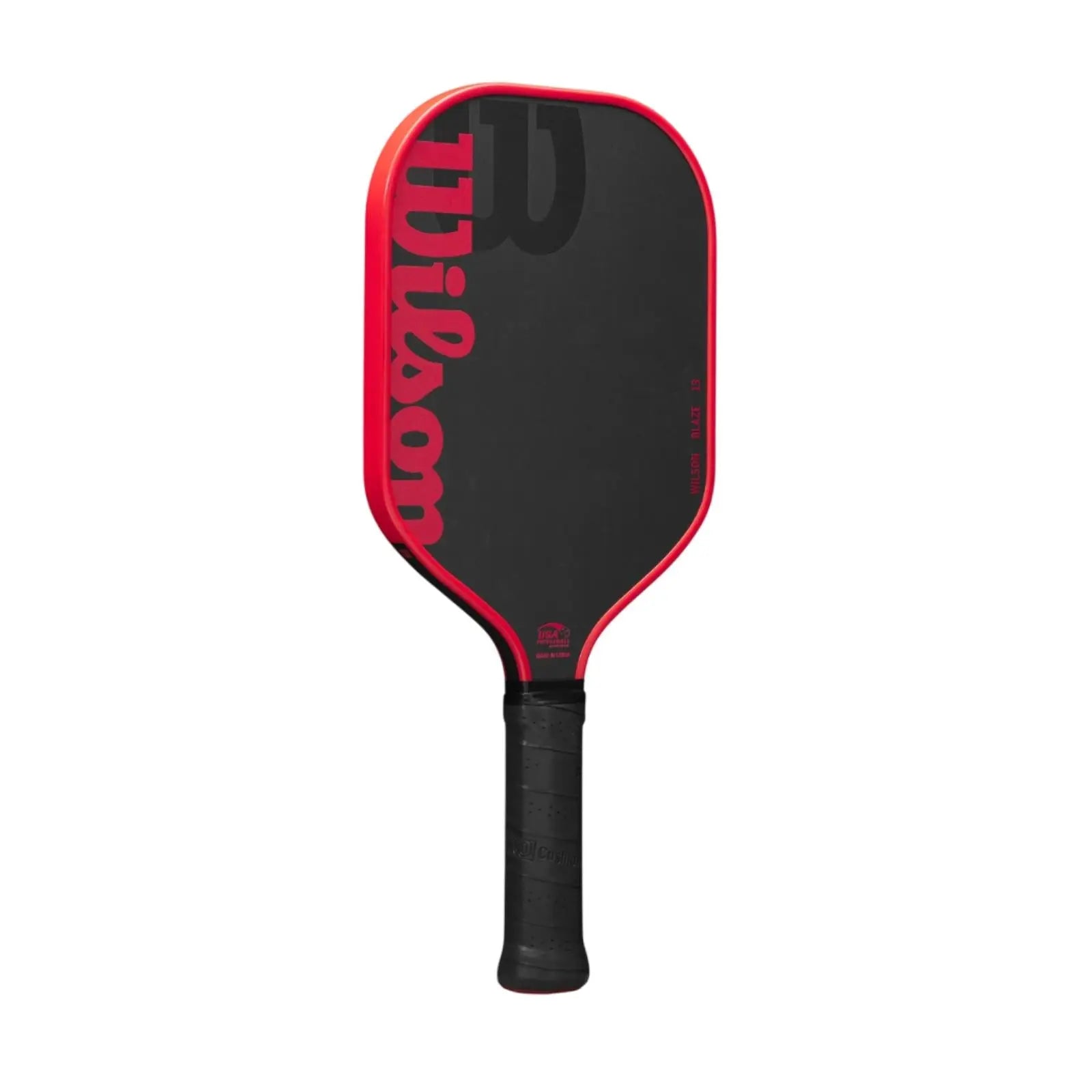 Black Wilson Blaze 13 pickleball paddle with red trim and logo, featuring an elongated shape and black grip.