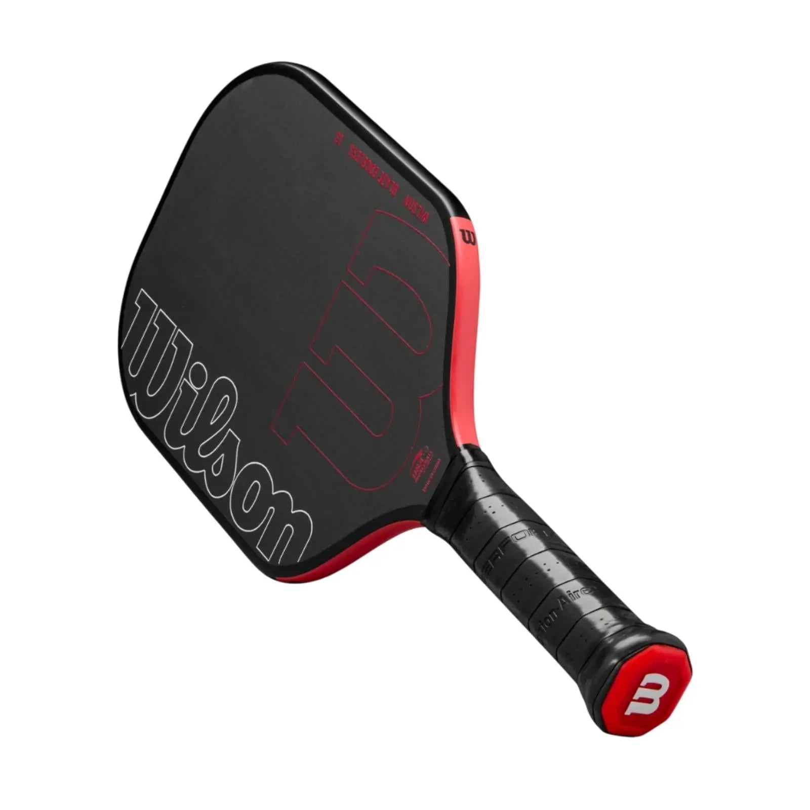 Black Wilson Blaze Edgeless 13 pickleball paddle with red accents, elongated shape, and textured grip.