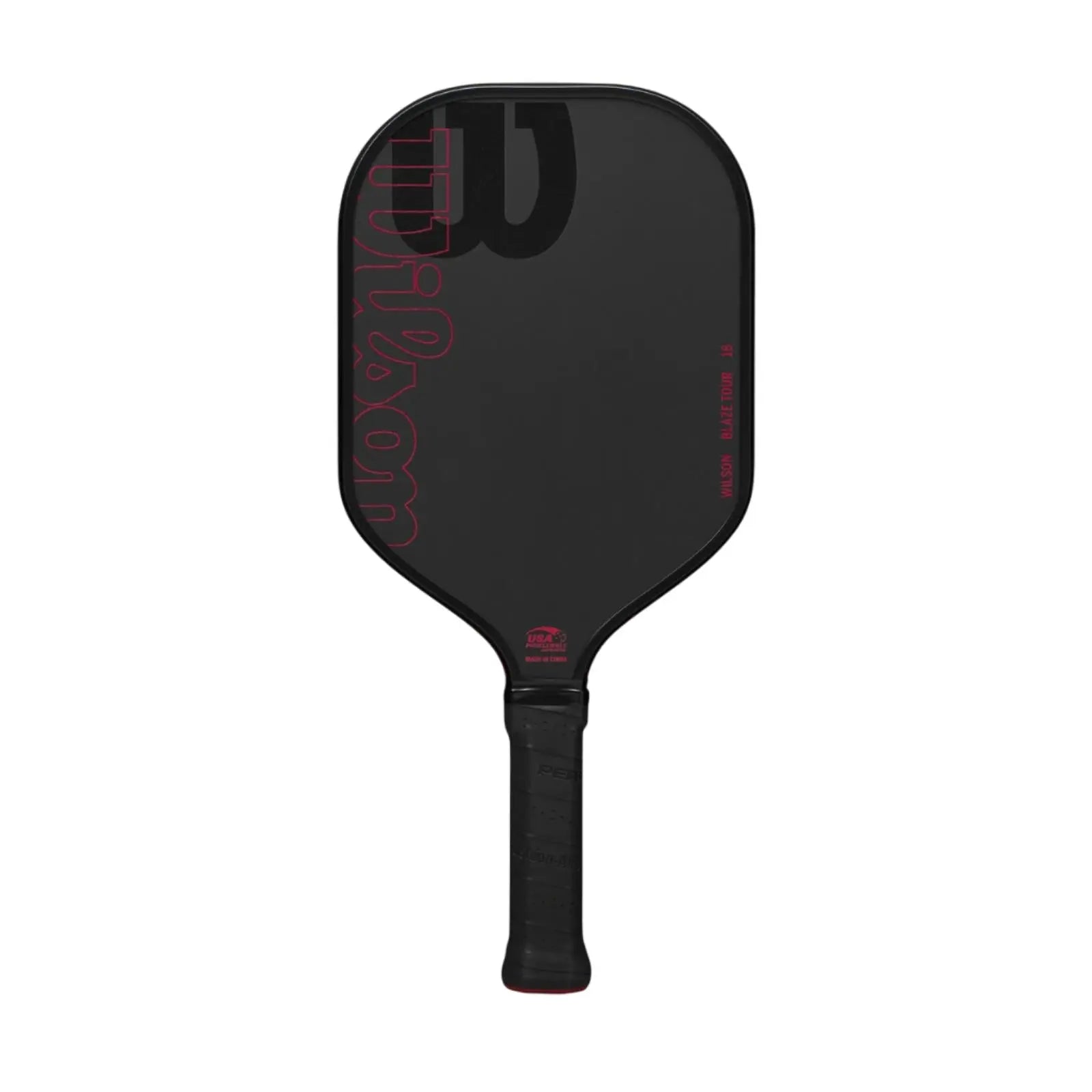 Black Wilson Blaze Tour 16mm pickleball paddle with red branding and raw carbon fiber surface.