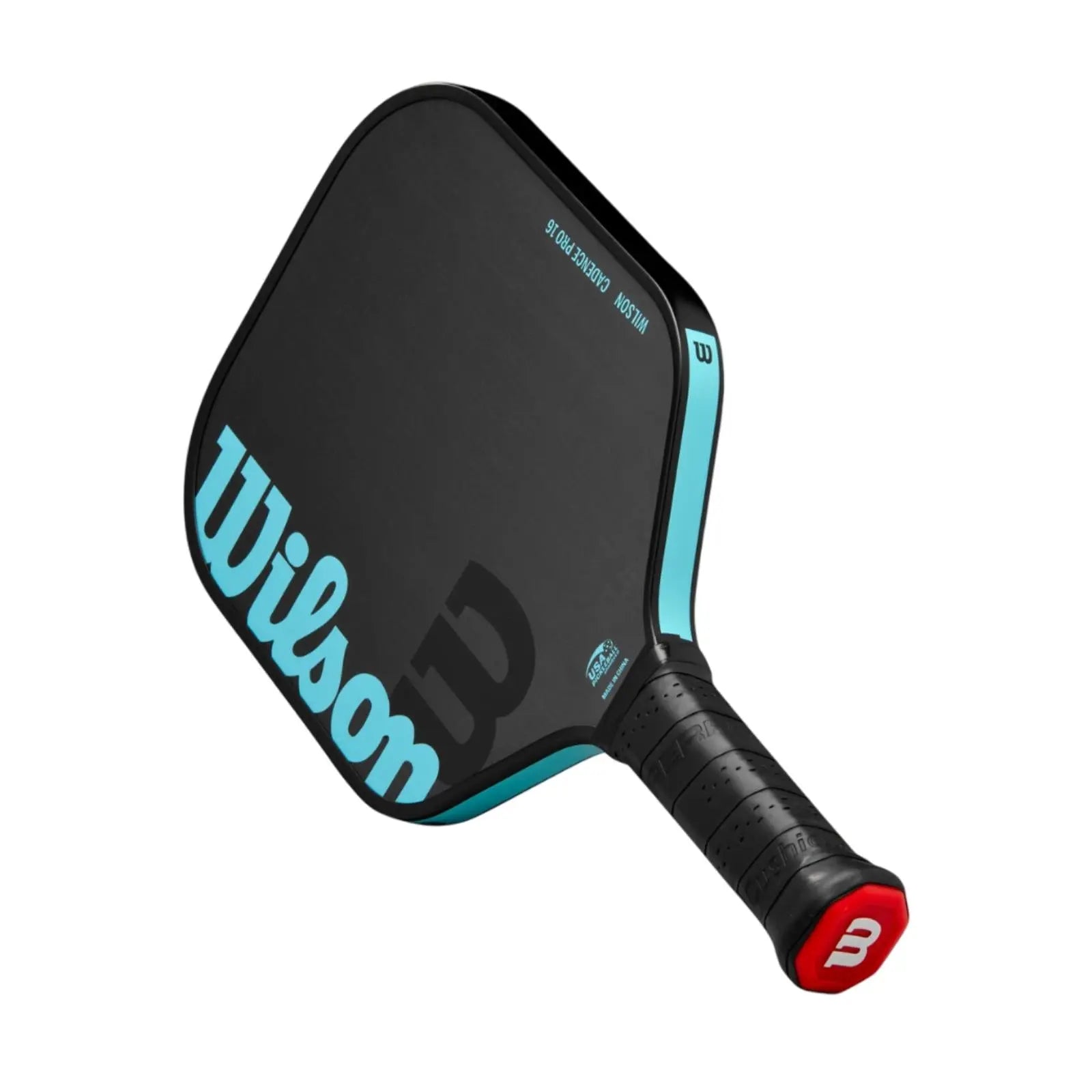 Black Wilson Cadence Pro 16 pickleball paddle with turquoise accents and red handle cap.