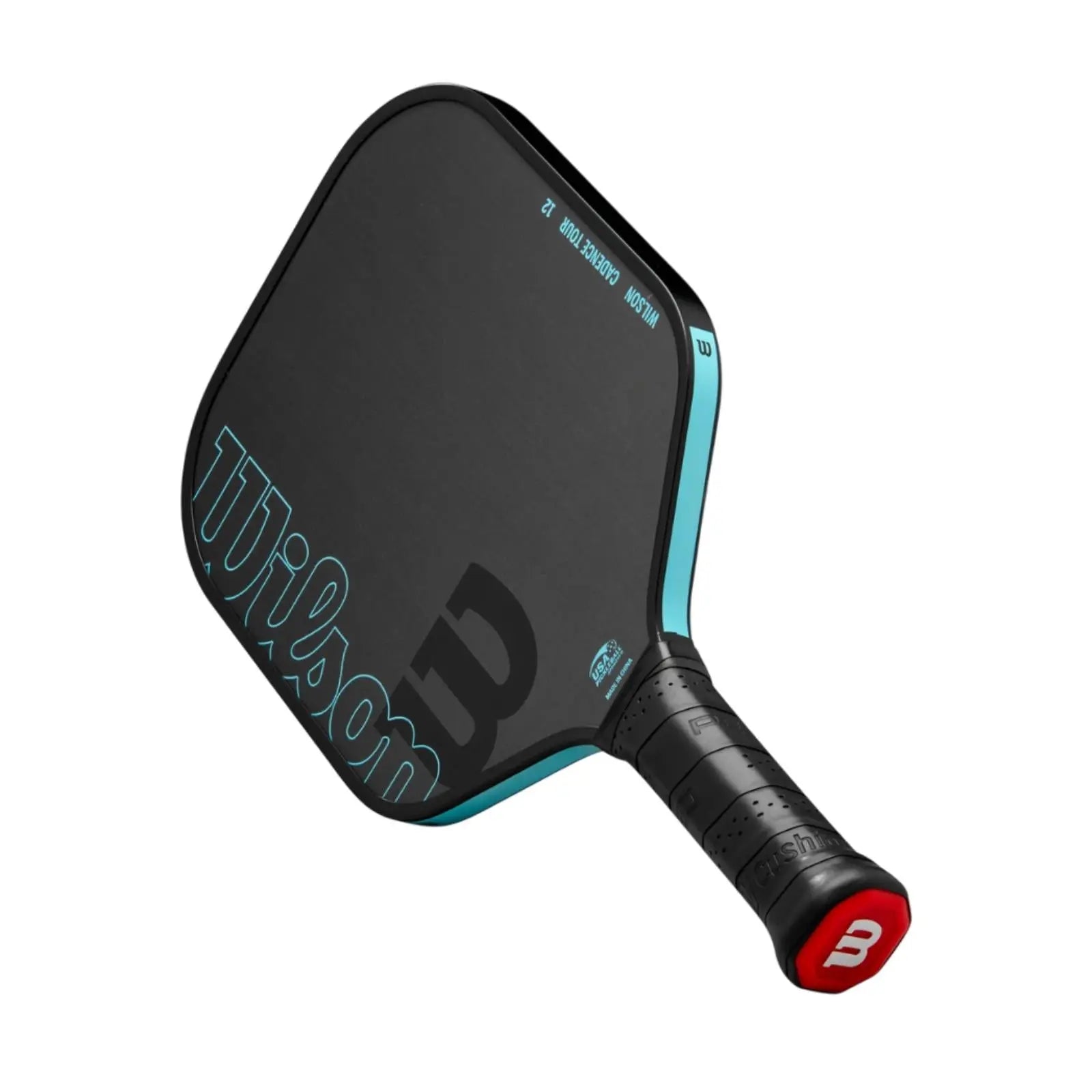 Black Wilson Cadence Tour 12 pickleball paddle with blue accents and raw carbon surface.