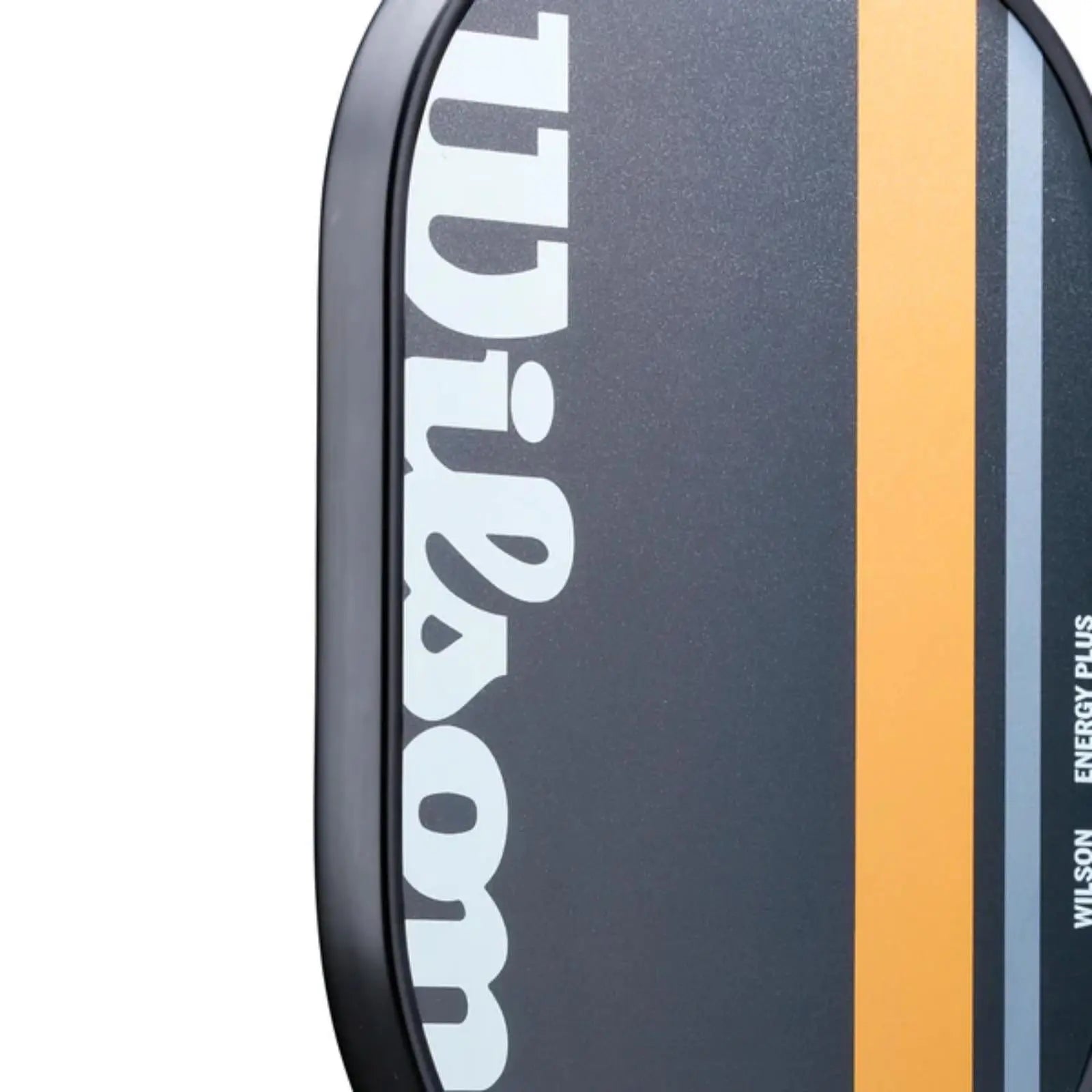 Wilson Energy Plus pickleball paddle, dark gray with white logo, orange and gray stripes, black edge guard.