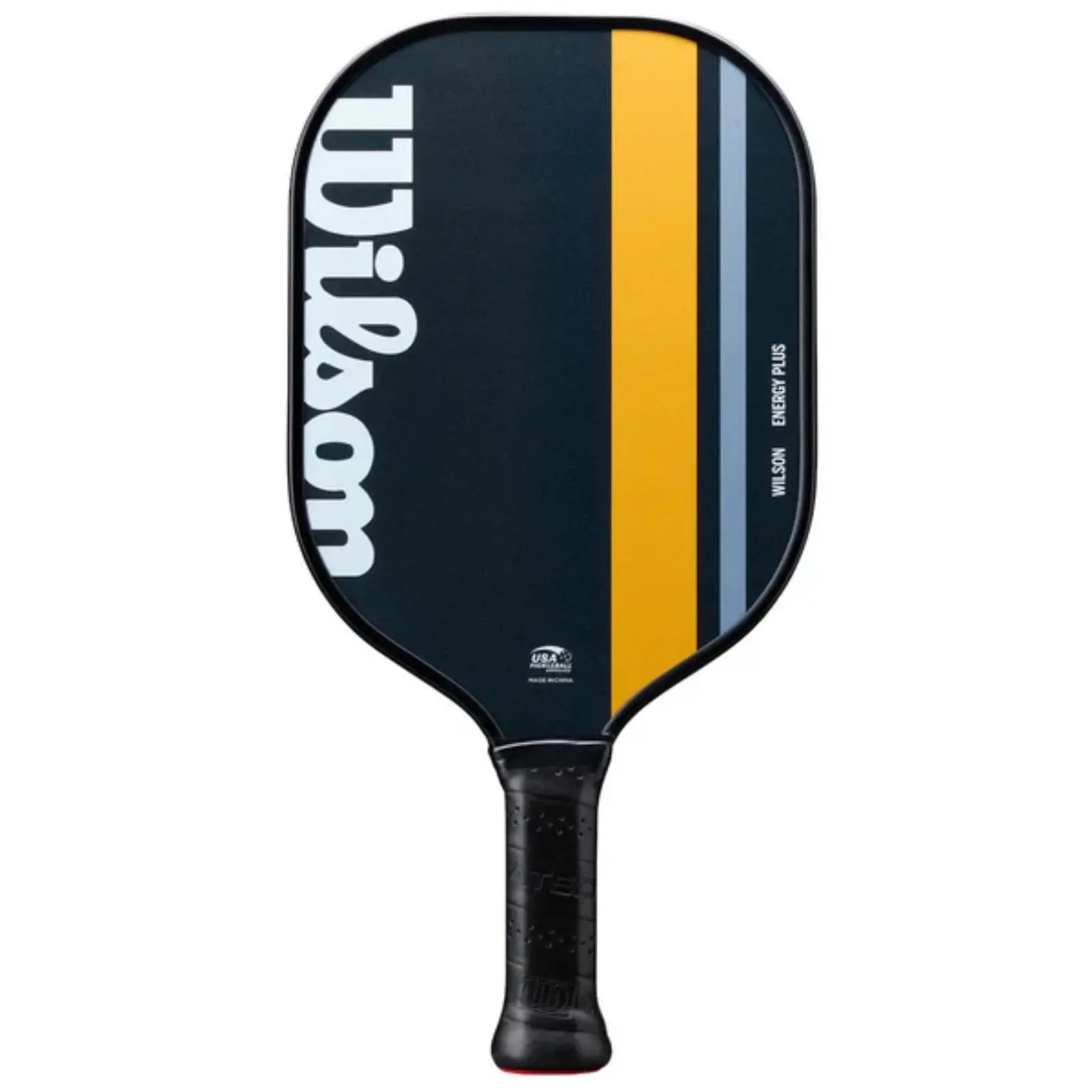 Black Wilson Energy Plus pickleball paddle with yellow, gray, and blue stripes.