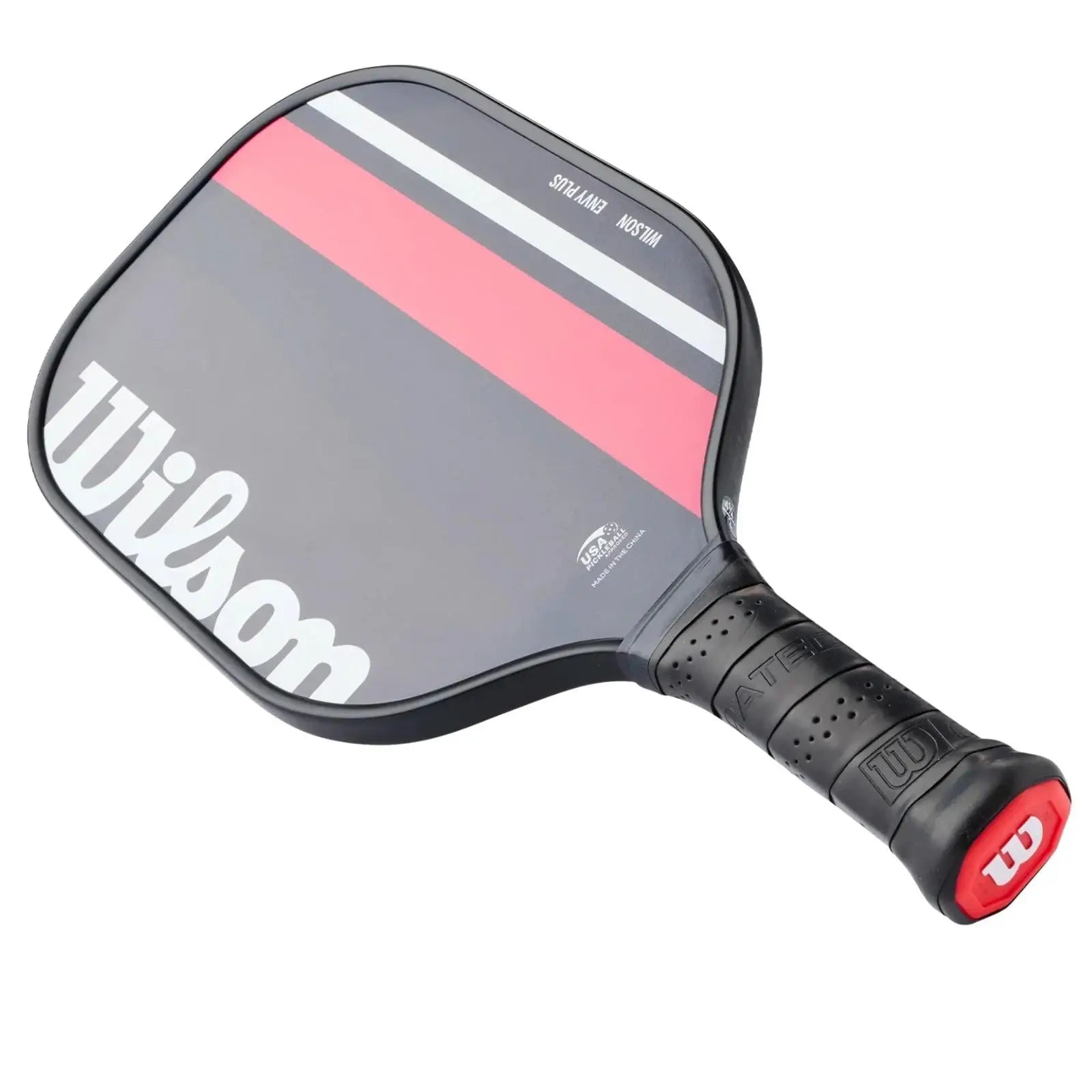 Wilson Envy Plus pickleball paddle with a black, red, and white striped face, black grip, and red butt cap.