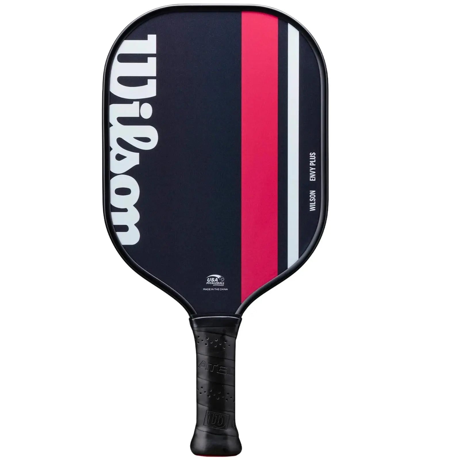 Black Wilson Envy Plus pickleball paddle with red and white stripes, fiberglass face, and black grip.