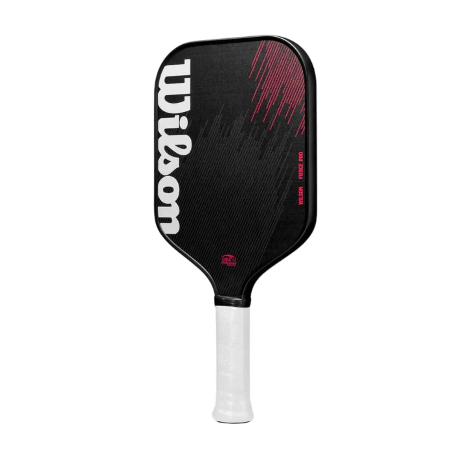 Black Wilson Fierce Pro 13mm pickleball paddle with white grip and pink accents.