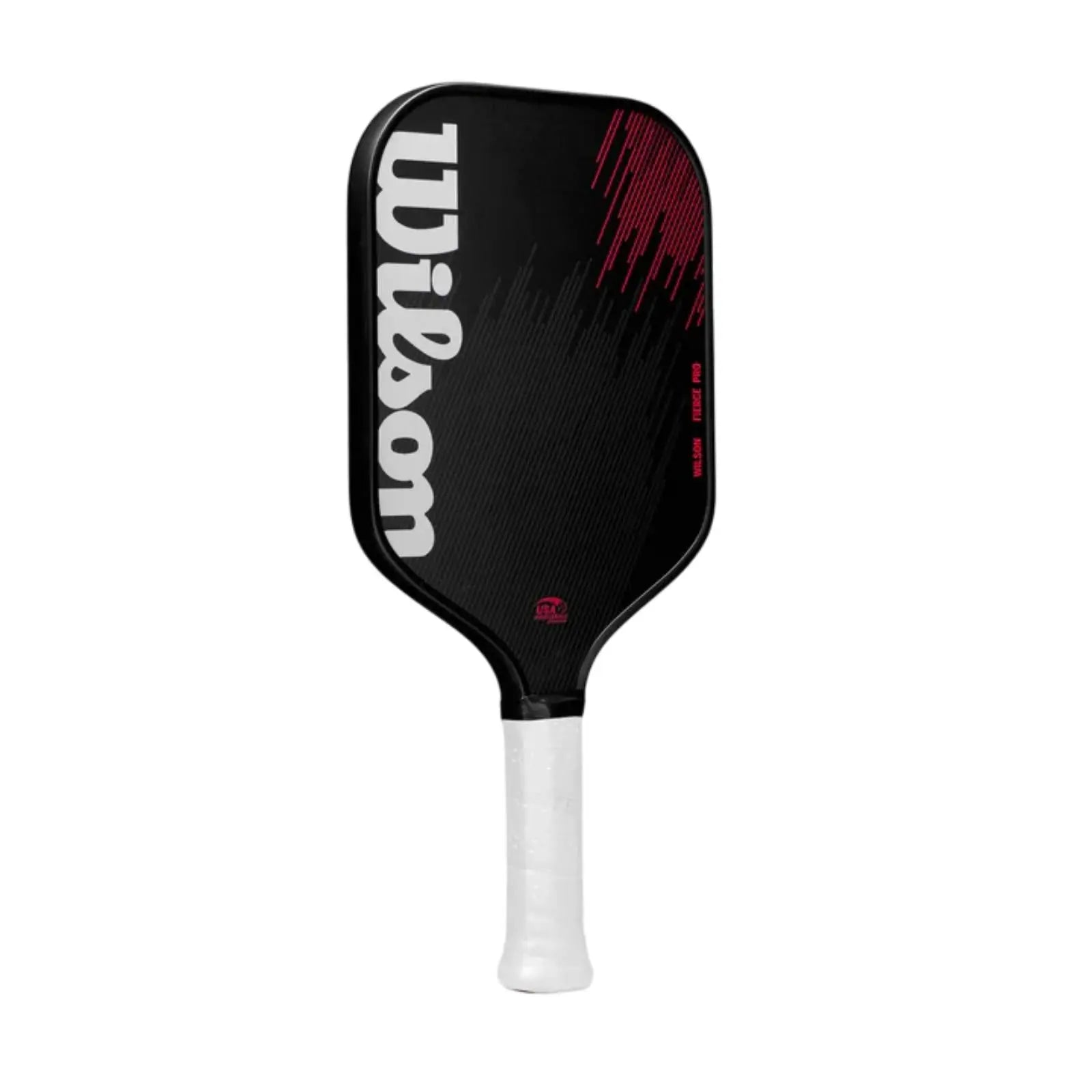 Black Wilson Fierce Pro 13mm pickleball paddle with white grip and red textured carbon fiber face.
