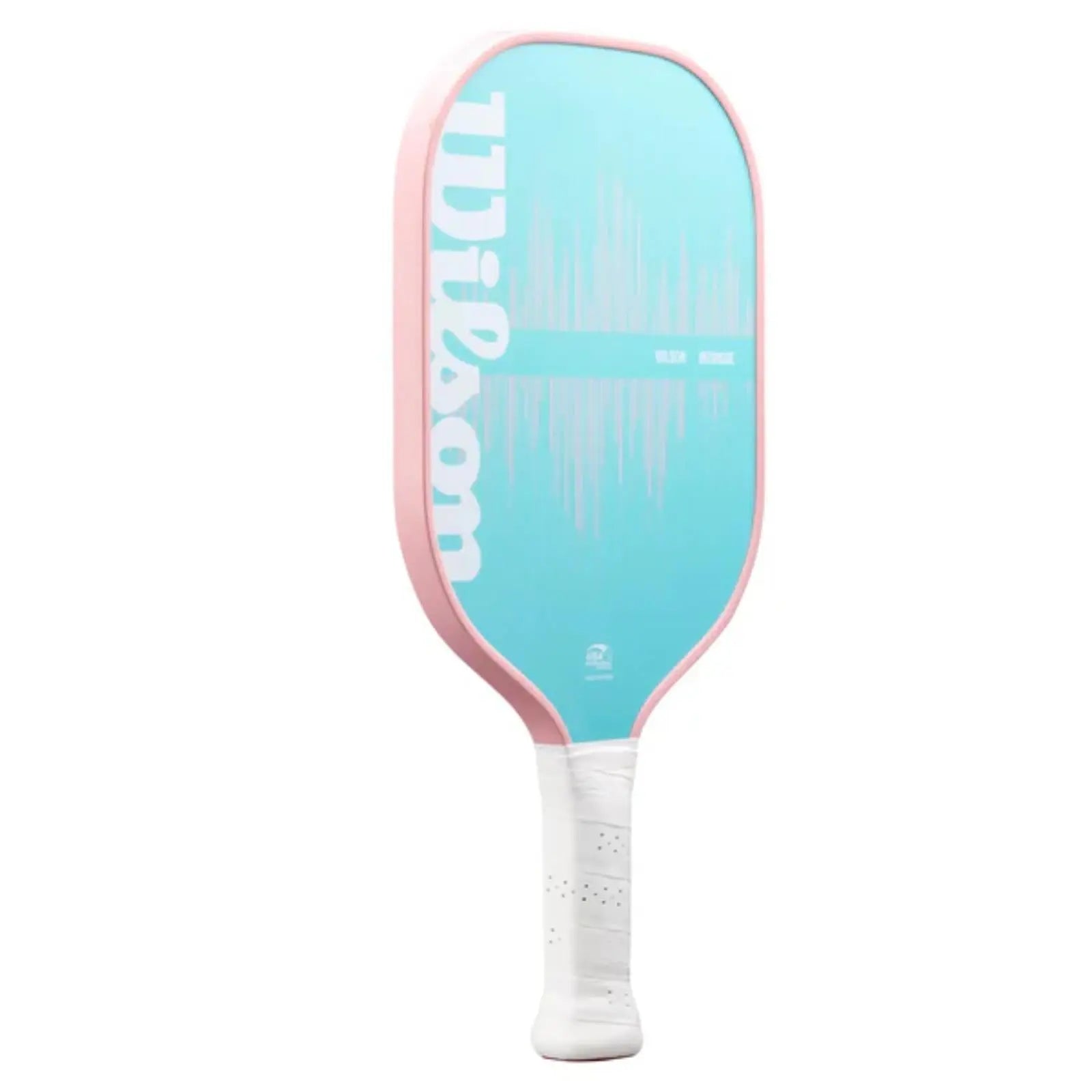 Wilson Intrigue pickleball paddle with a light blue face, pink edgeguard, and white grip.